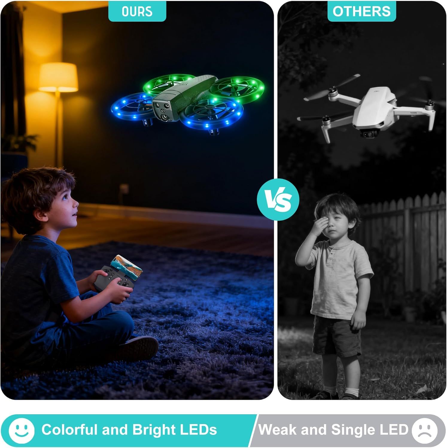 Demonstrates the superiority of this drone's colorful LED lighting system compared to competitors' weak single LED, emphasizing enhanced visibility and appeal for kids.