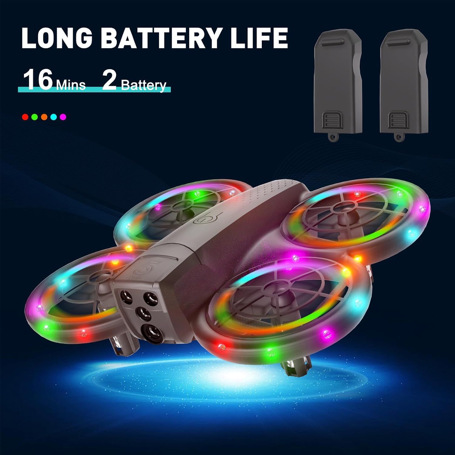 Communicates the drone's impressive battery performance with a specific flight time metric to reassure shoppers about extended play time and value. Shows that the product comes with two batteries,…