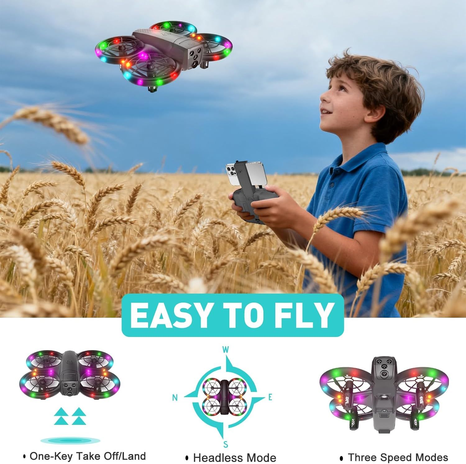Communicates multiple ease-of-use features of the drone to reassure shoppers that it's beginner-friendly and versatile for different skill levels.