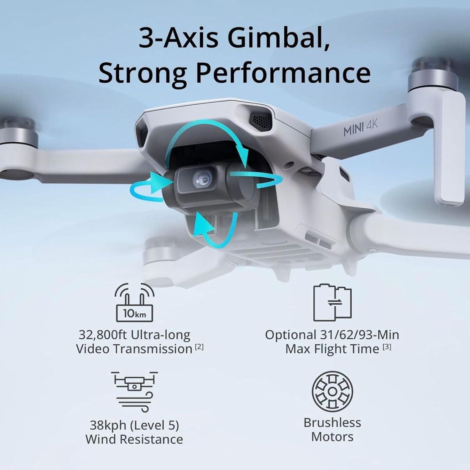 Highlights the drone's 3-axis gimbal stabilization system to communicate smooth video capture and strong performance capabilities. Showcases multiple technical specifications and performance…