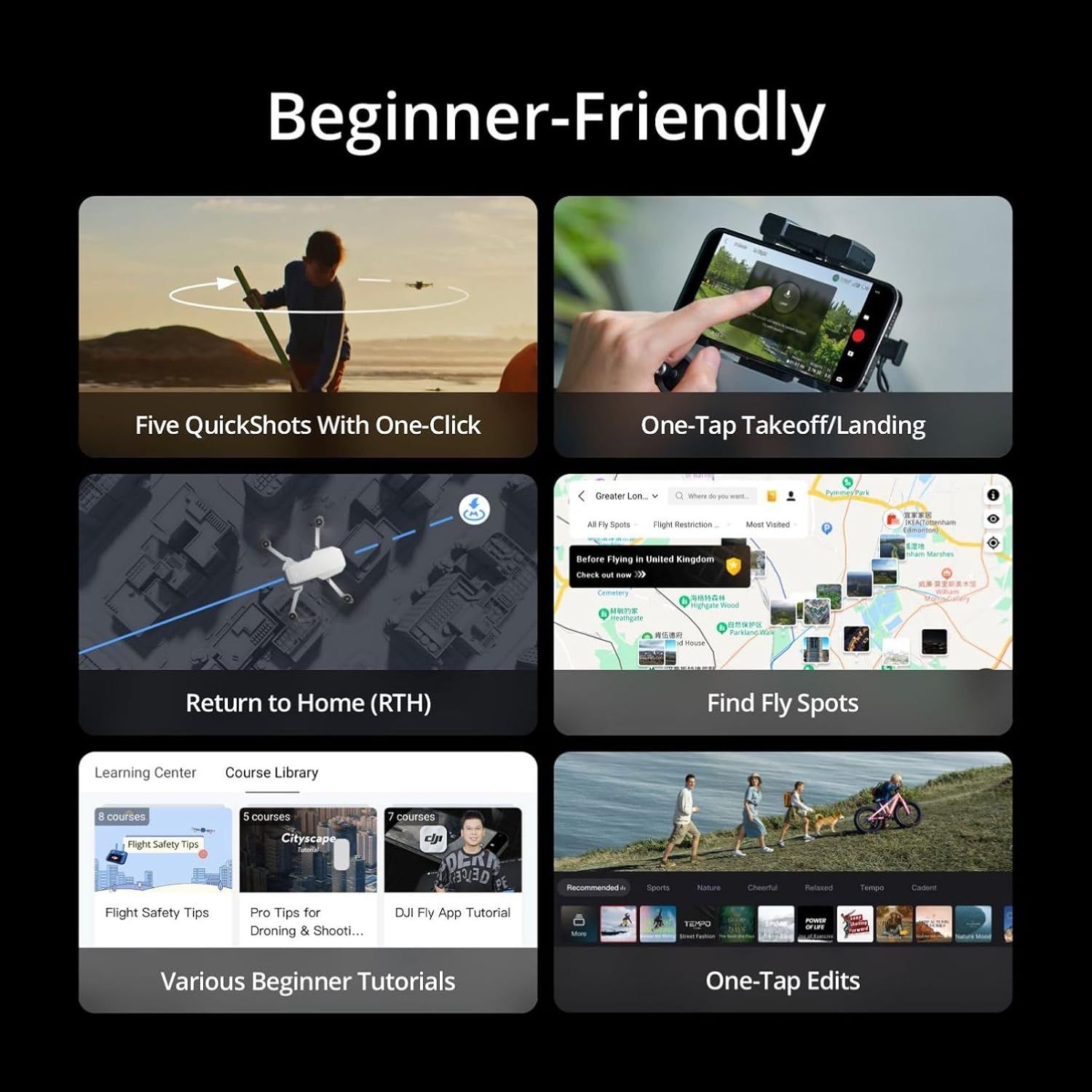 This image showcases multiple beginner-friendly features of a drone product to reassure new users that the product is easy to use and accessible, highlighting automated flight modes, safety…