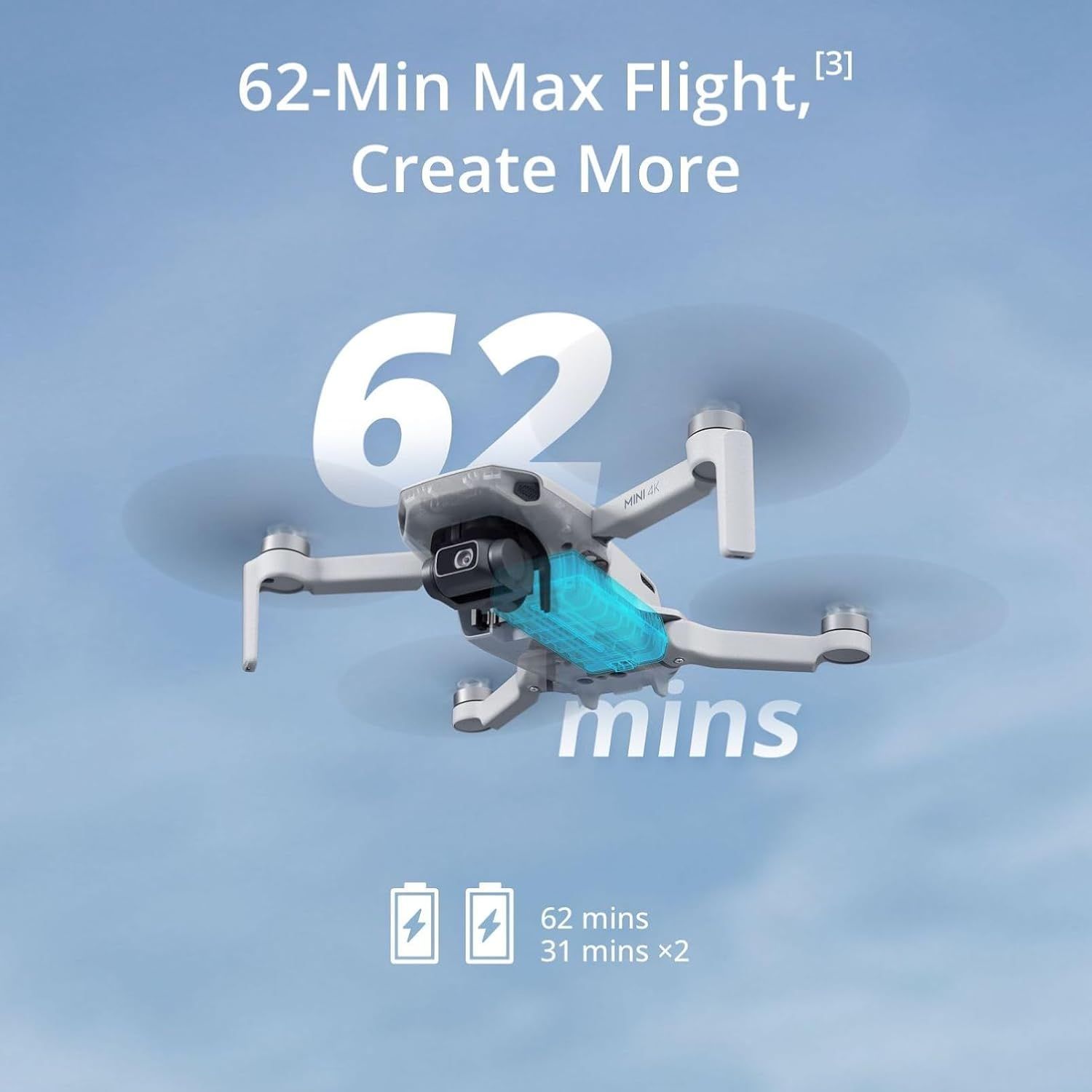 Highlights the drone's impressive 62-minute maximum flight time to communicate extended usage capability and battery performance, reassuring shoppers they can capture more content without frequent…