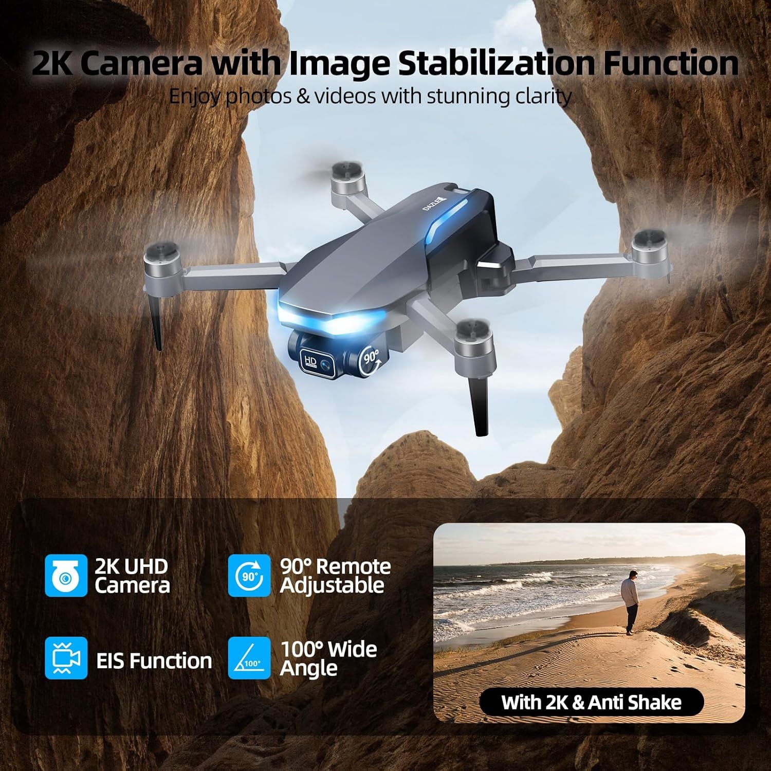 Showcases multiple technical camera features of the drone to communicate superior video and photo quality, flexibility, and professional-grade capabilities to potential buyers.