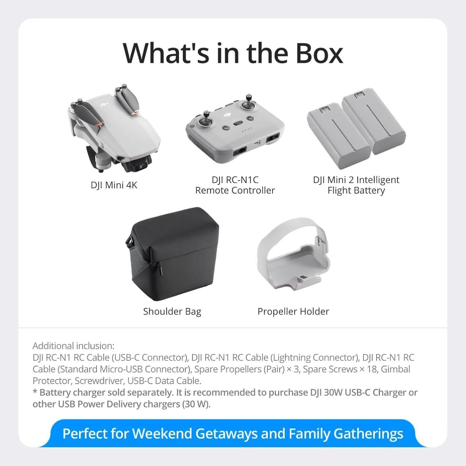 Shows the customer everything included in the purchase: the DJI Mini 4K drone, remote controller, batteries, shoulder bag, propeller holder, cables, spare parts, and accessories to set clear…