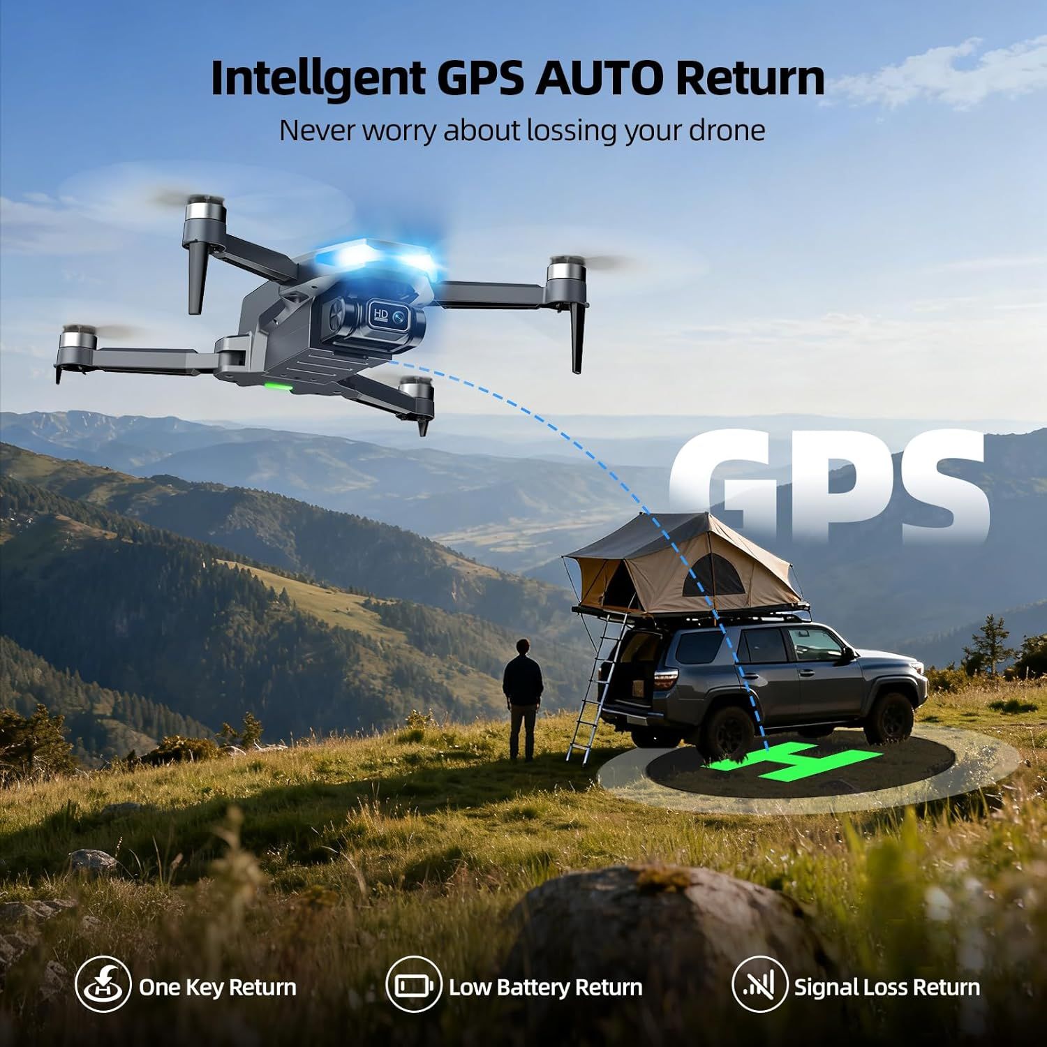 Demonstrates multiple safety and convenience features that ensure the drone automatically returns to the user under various conditions, providing peace of mind against losing the device.
