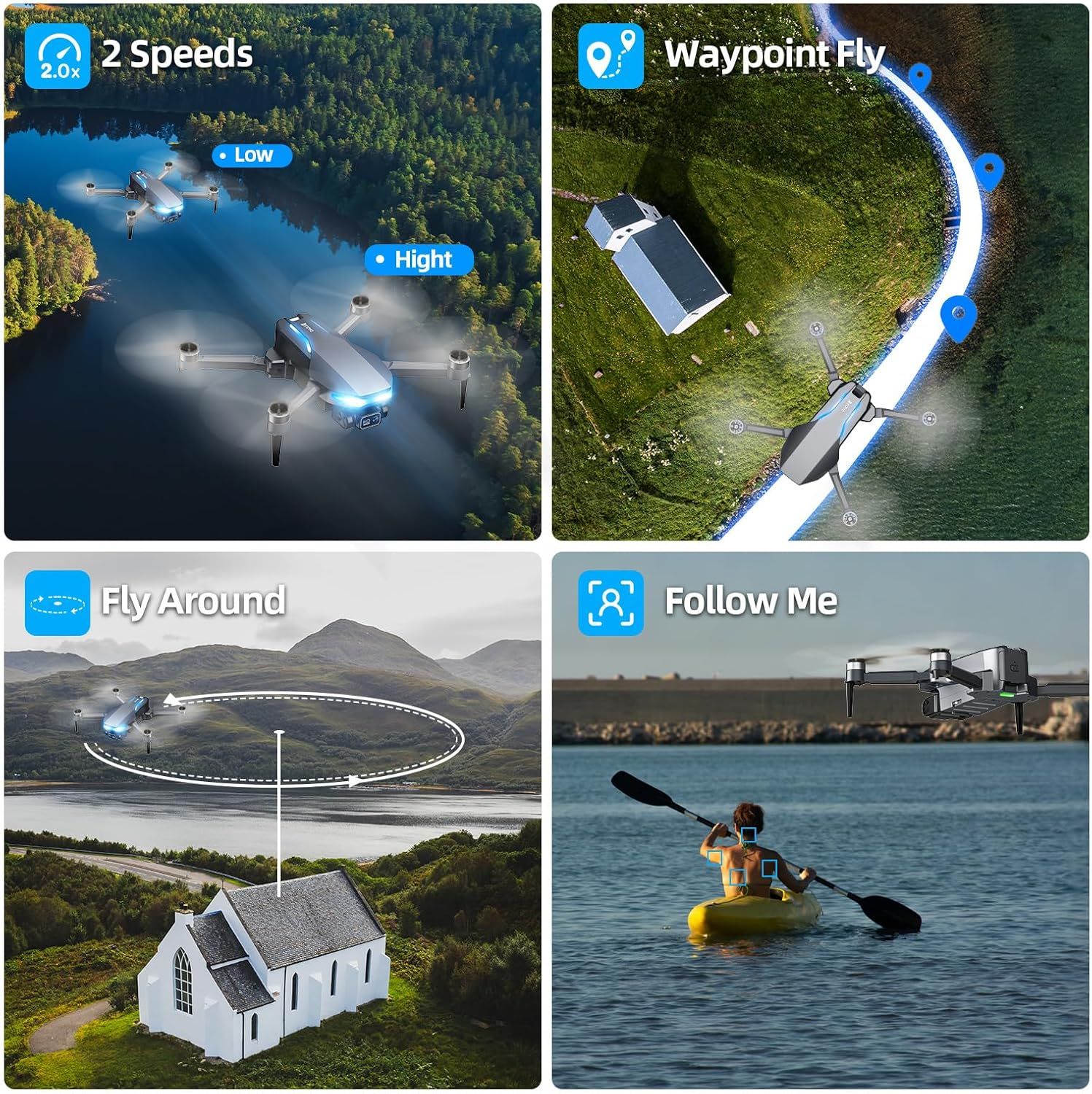 Showcases four distinct flight modes and capabilities of the drone to demonstrate its versatility and advanced autonomous features for different use cases.
