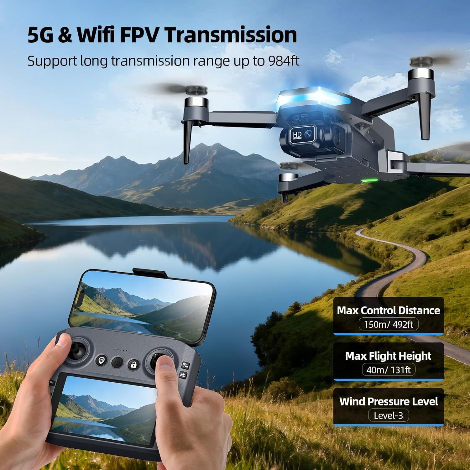 Communicates the drone's key performance specifications including transmission range, control distance, flight height, and wind resistance to demonstrate its advanced capabilities and reliability…