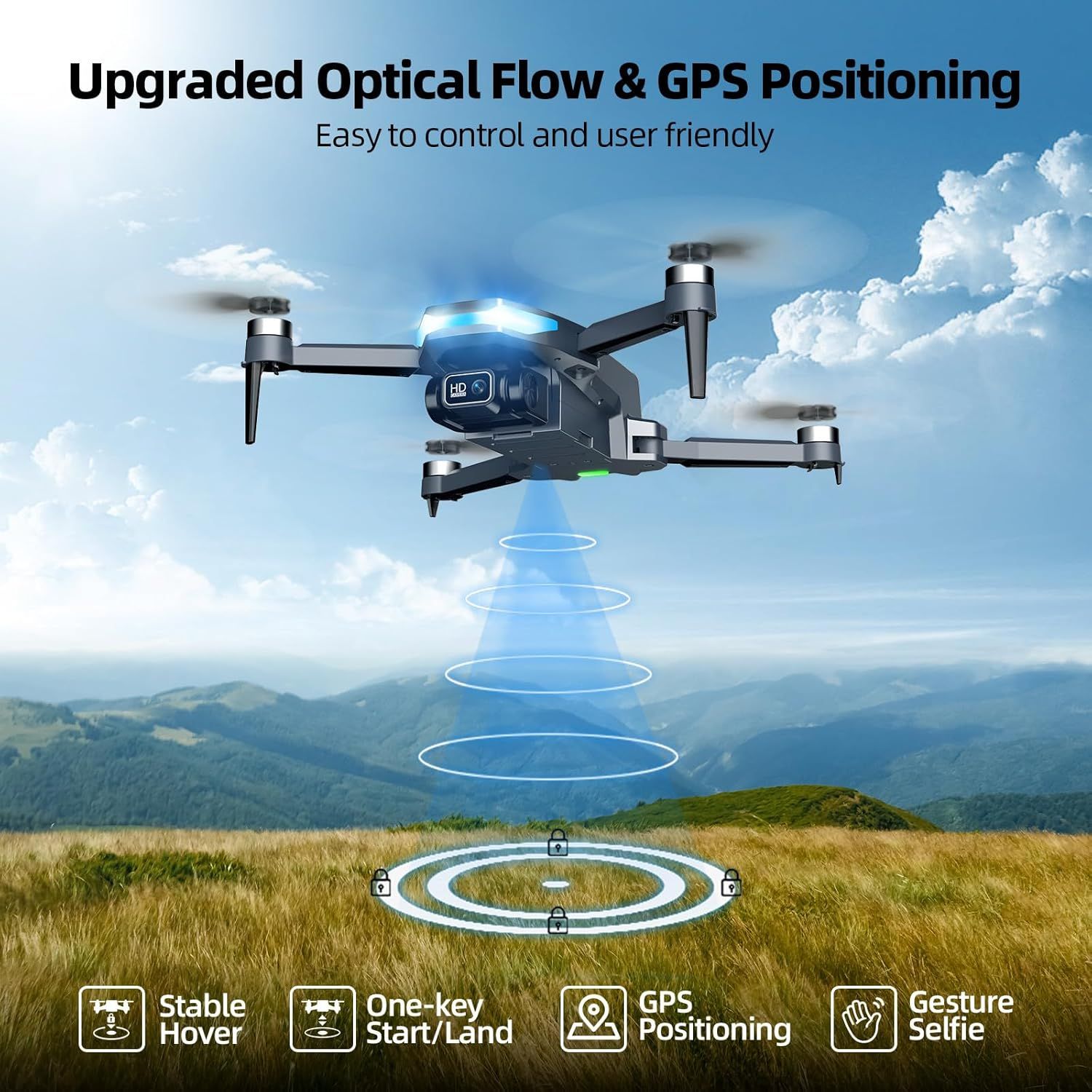 Communicates multiple advanced drone features including upgraded positioning technology, stable hovering capability, easy controls, and gesture selfie functionality to demonstrate the product's…