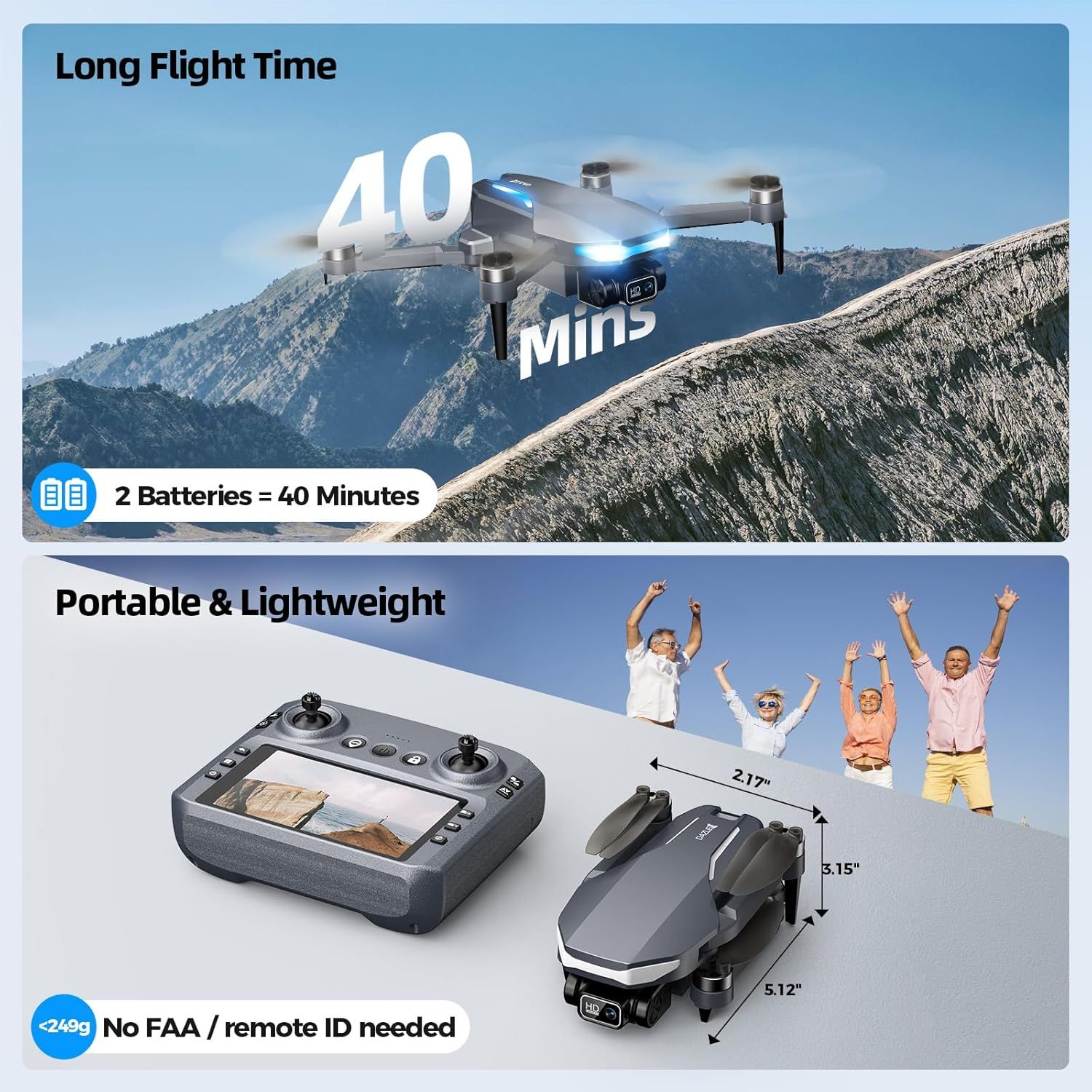 Communicates multiple key selling benefits of the drone including extended 40-minute flight time with dual batteries, compact foldable design with exact dimensions, and regulatory convenience for…