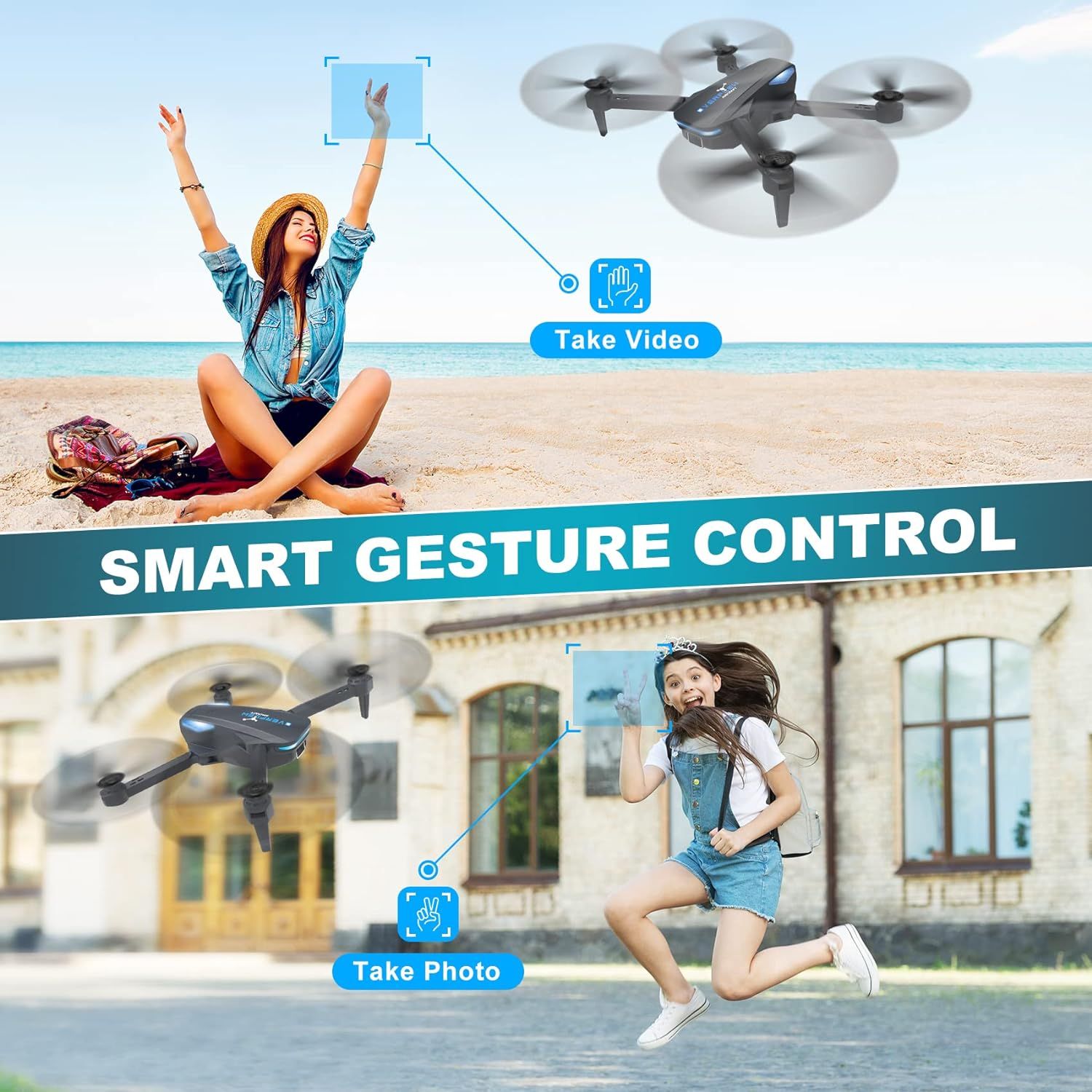 Demonstrates the drone's hands-free gesture control feature, showing shoppers they can take photos and videos using simple hand gestures without a remote controller.
