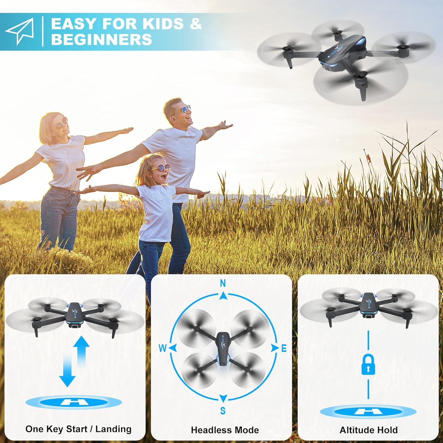Communicates multiple beginner-friendly features of the drone to reassure parents and new users that it's easy to operate and control.