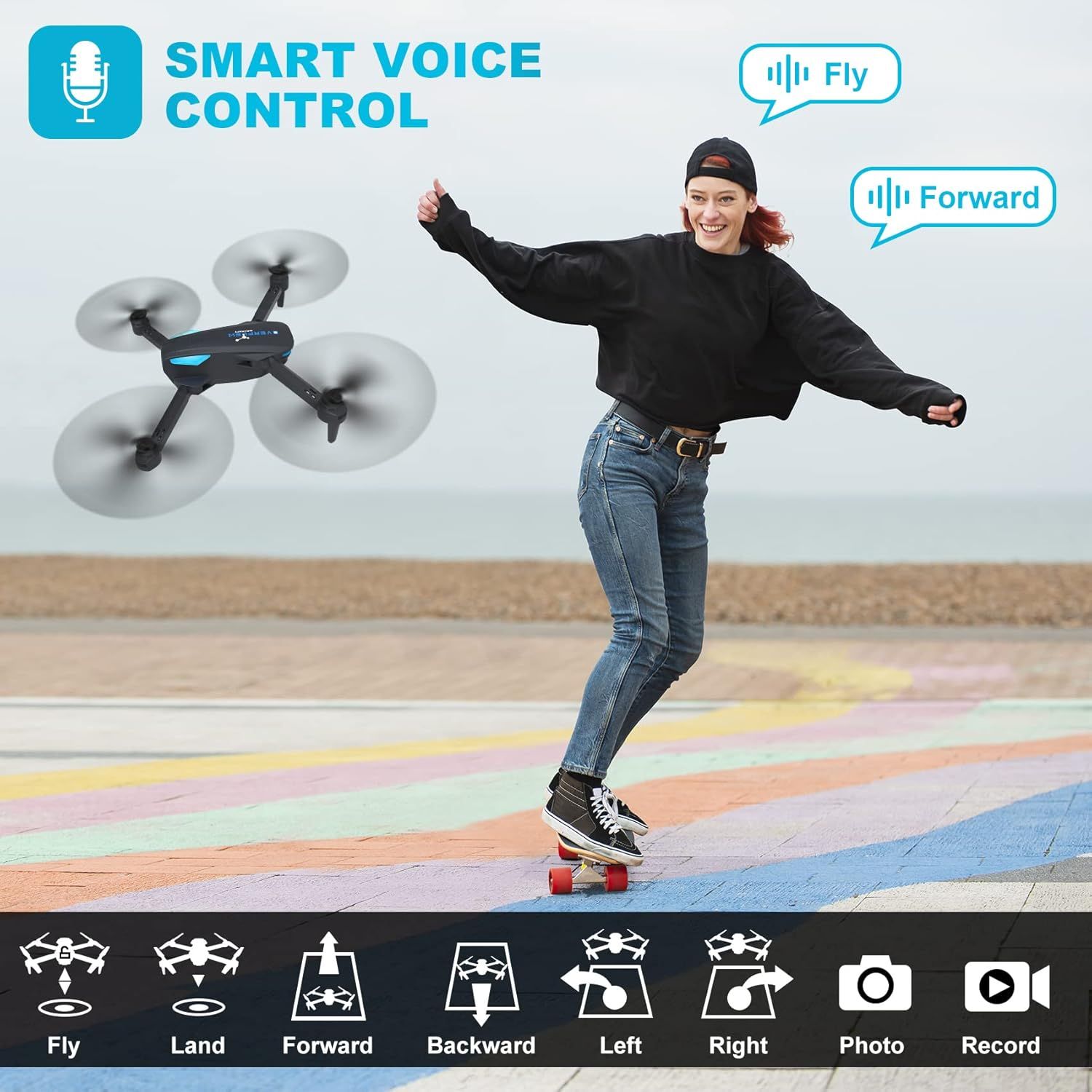 Demonstrates the drone's hands-free voice control capability, showing users they can control the drone with simple voice commands like 'Fly' and 'Forward' for an intuitive, easy flying experience.
