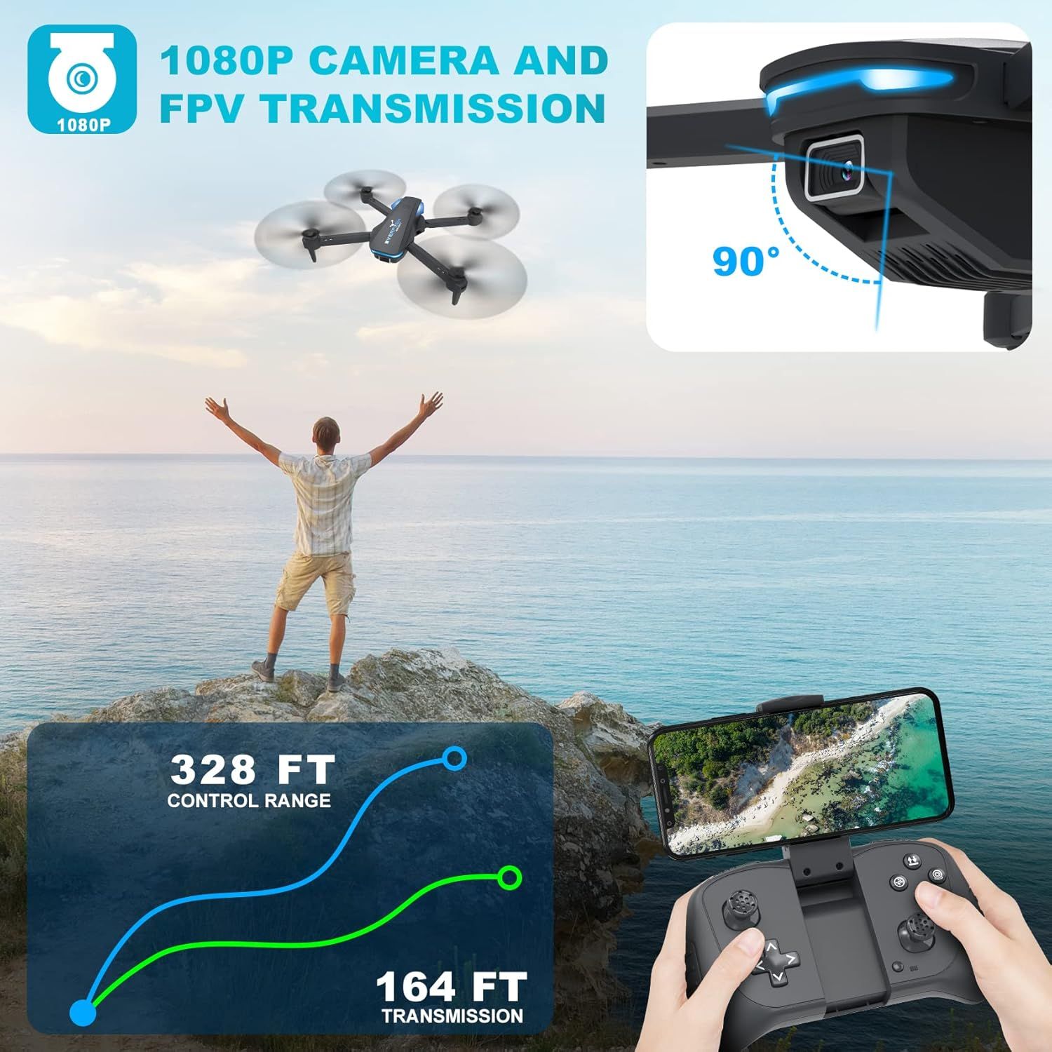 Communicates the drone's key performance specifications including camera quality, adjustable angle, control distance, and FPV transmission range to demonstrate capability and value. Showcases…