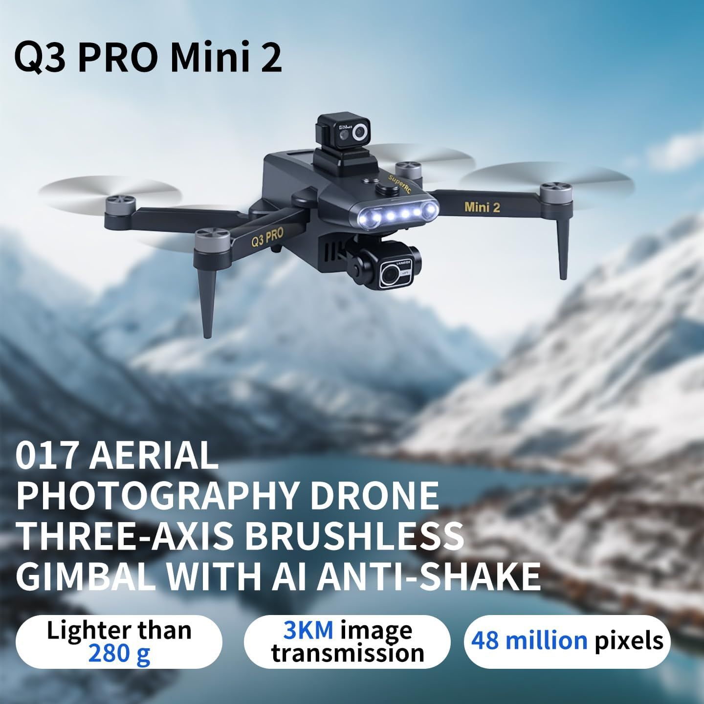 Communicates multiple key selling benefits of the drone including its lightweight design, 3KM transmission range, and 48 megapixel camera to demonstrate its technical capabilities and appeal to…
