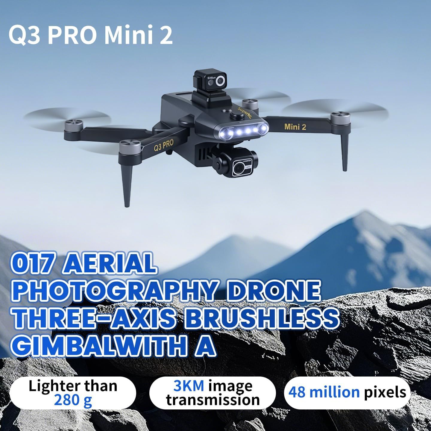 Highlights multiple key selling benefits of the drone including its lightweight design, 3KM transmission range, and 48 million pixel camera to demonstrate its professional aerial photography…