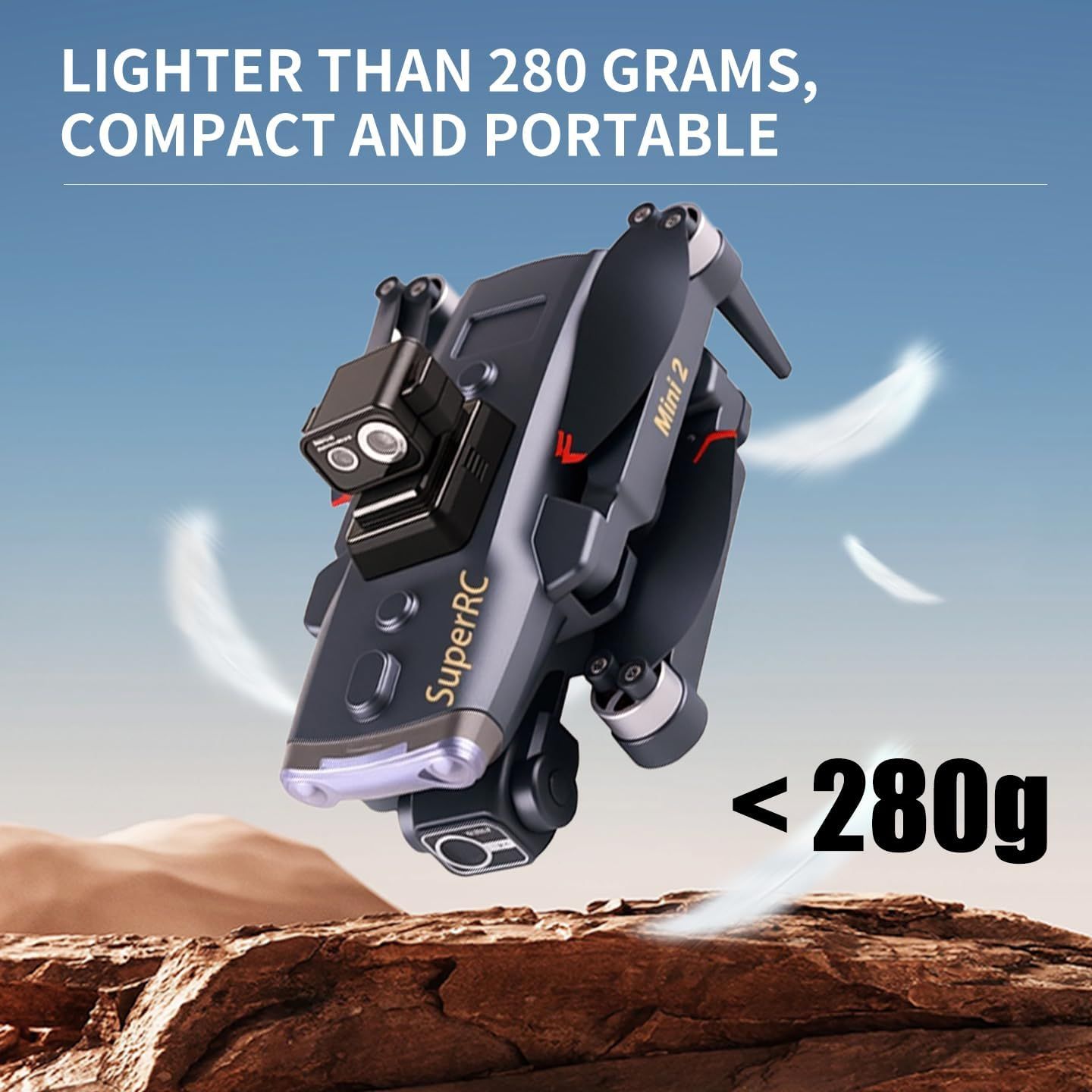 Communicates the product's ultra-light weight (less than 280 grams) to emphasize portability and ease of transport for drone users. Reinforces the key benefit of portability through the weight…