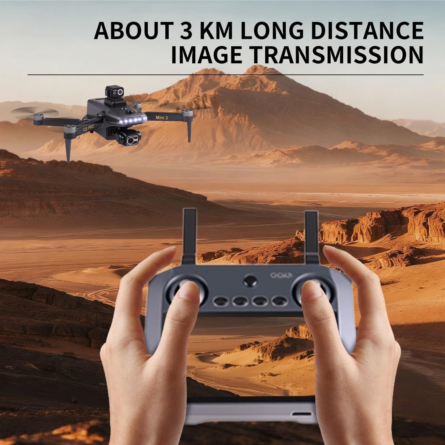 Communicates the drone's impressive wireless transmission range capability to reassure shoppers they can fly far and still receive live video feed.