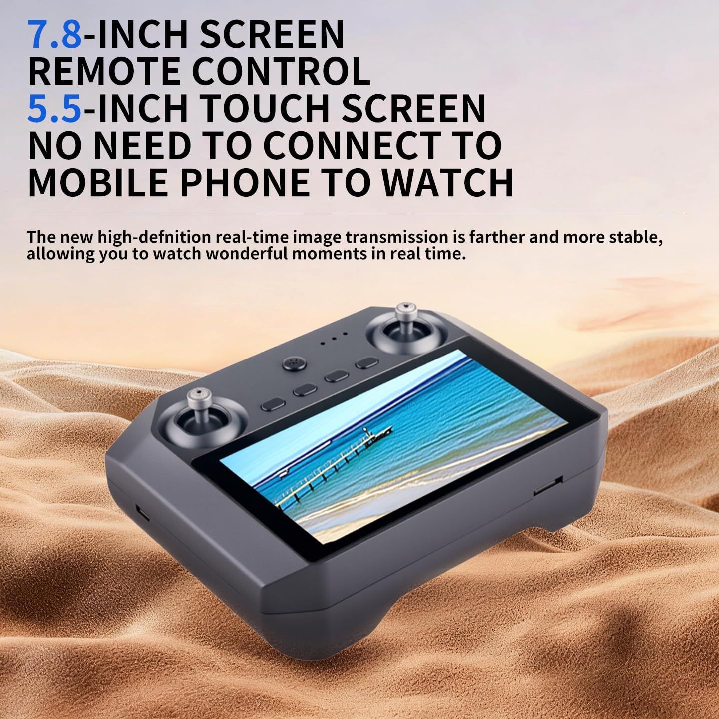 Communicates multiple key features and benefits of the drone remote control, emphasizing screen sizes, ease of use without phone connection, and high-definition real-time video transmission to…