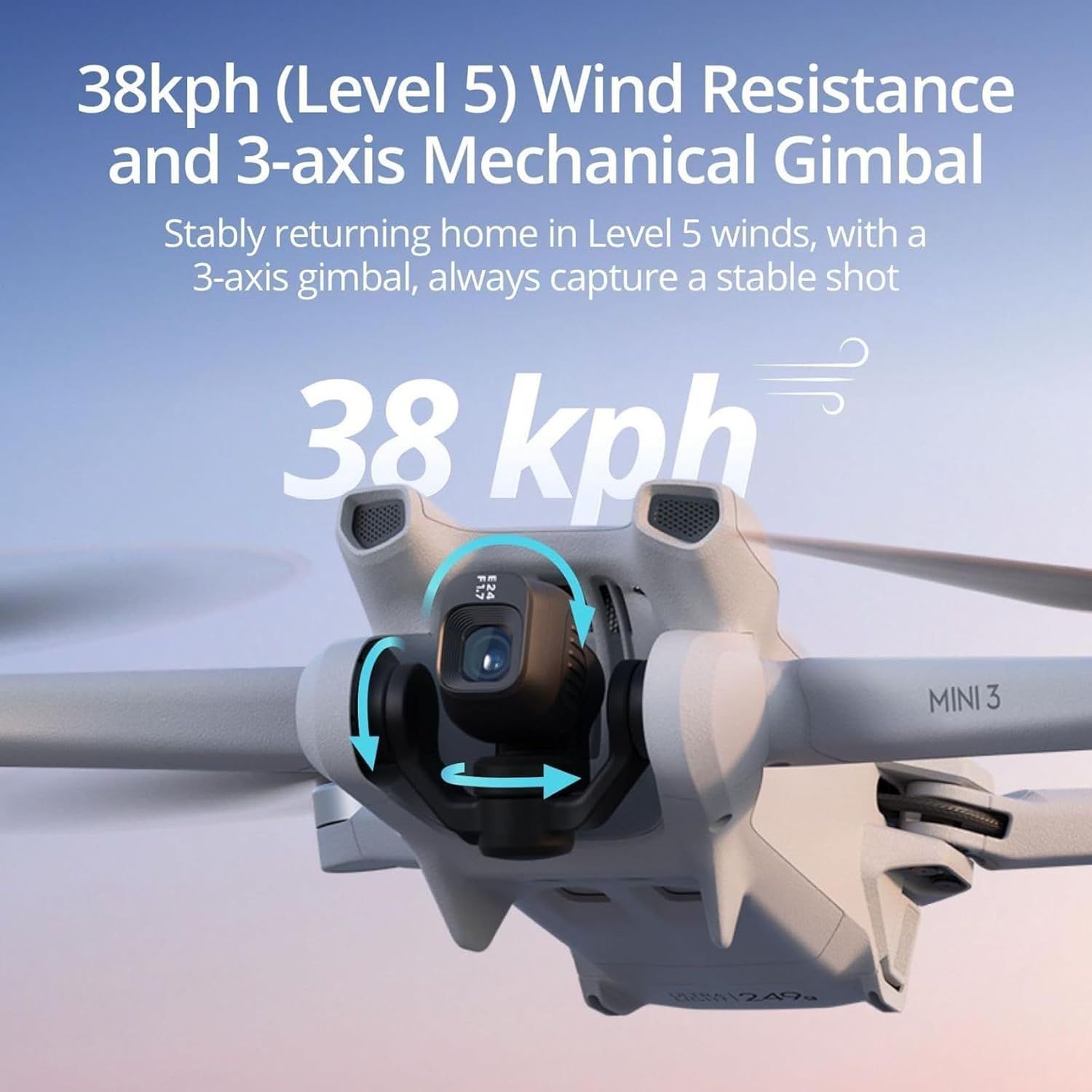 Communicates the drone's ability to withstand Level 5 winds at 38kph, reassuring shoppers of its stability and performance in challenging weather conditions. Highlights the drone's 3-axis gimbal…