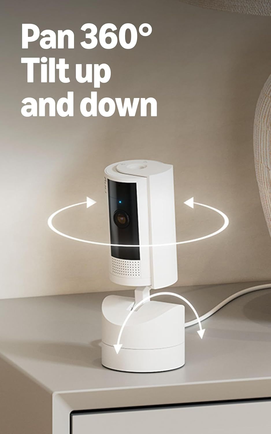 Demonstrates the camera's flexible movement capabilities, reassuring shoppers that the device can provide complete room coverage with full pan and tilt functionality.