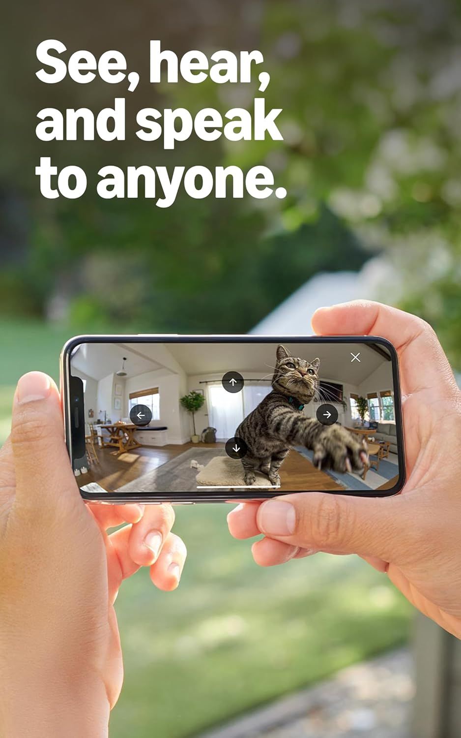 Demonstrates the product's two-way audio and video capability, allowing users to see, hear, and speak to anyone remotely through their smartphone.