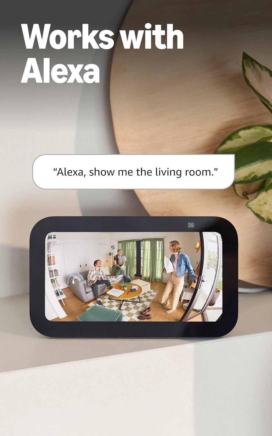 Demonstrates that the product is compatible with Alexa voice assistant and can be used for smart home control, specifically showing how users can view camera feeds through voice commands. Highlights…