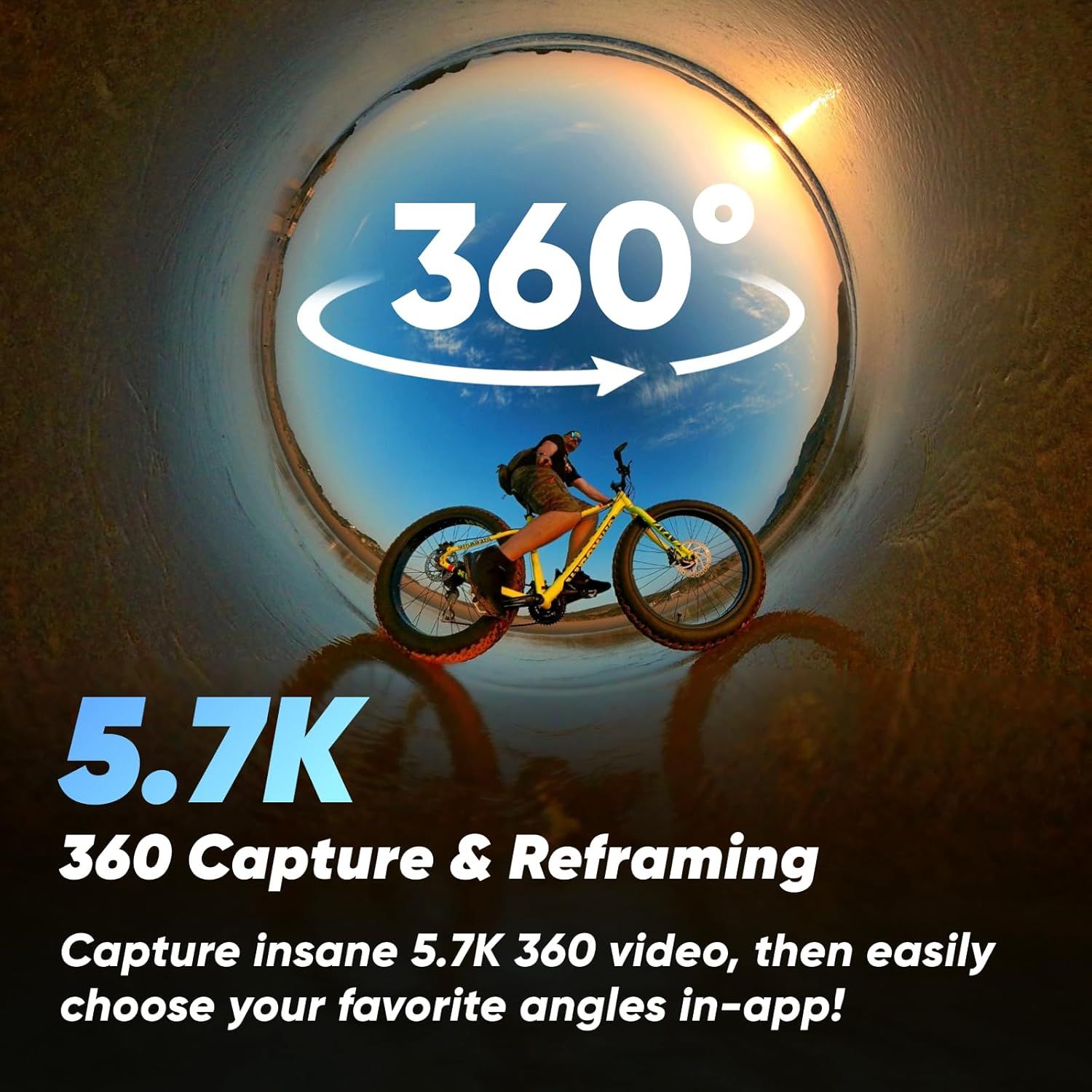 Highlights the camera's impressive 5.7K resolution for 360-degree video capture, emphasizing high-quality immersive recording capability and in-app reframing flexibility. Communicates the core…