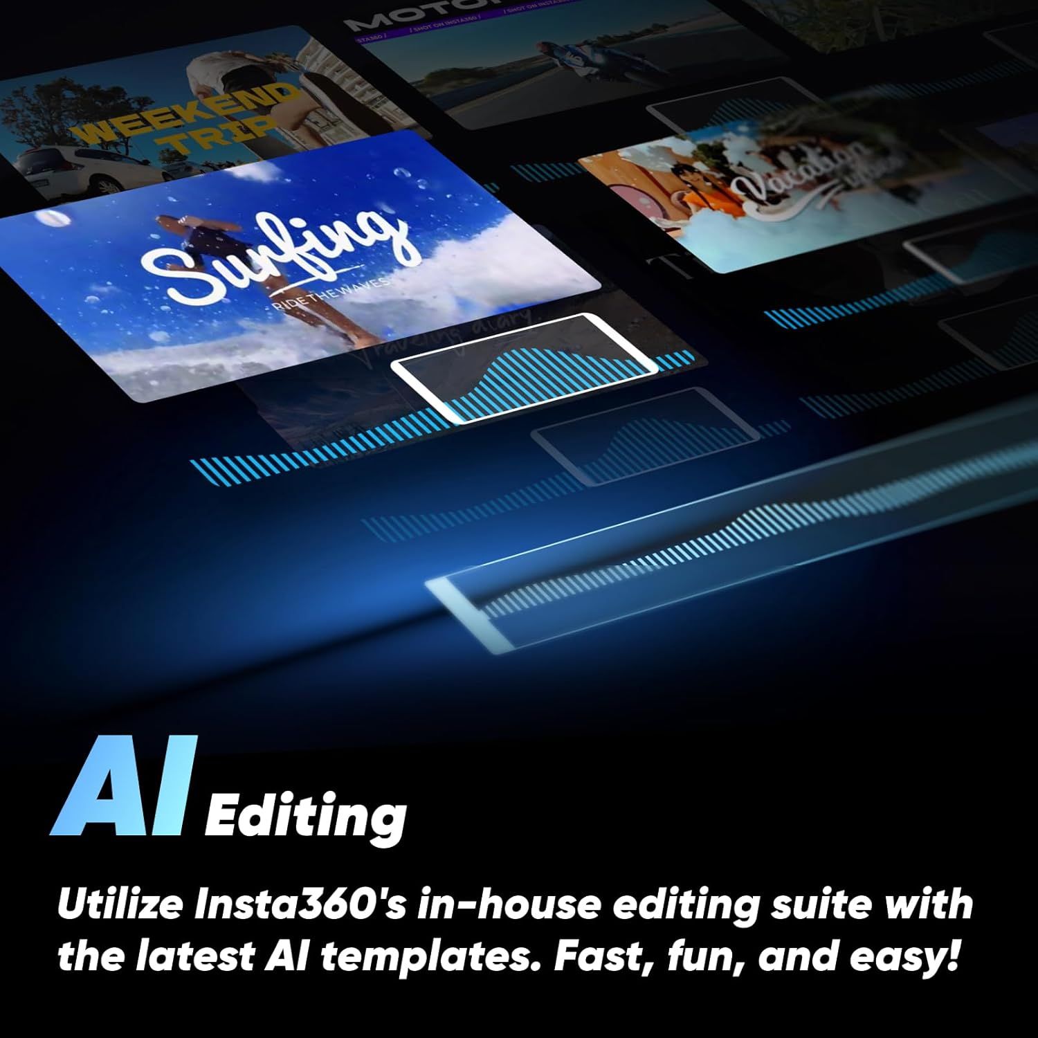 Highlights the product's AI-powered editing capabilities with templates, emphasizing ease of use and speed to attract users looking for efficient video editing solutions.