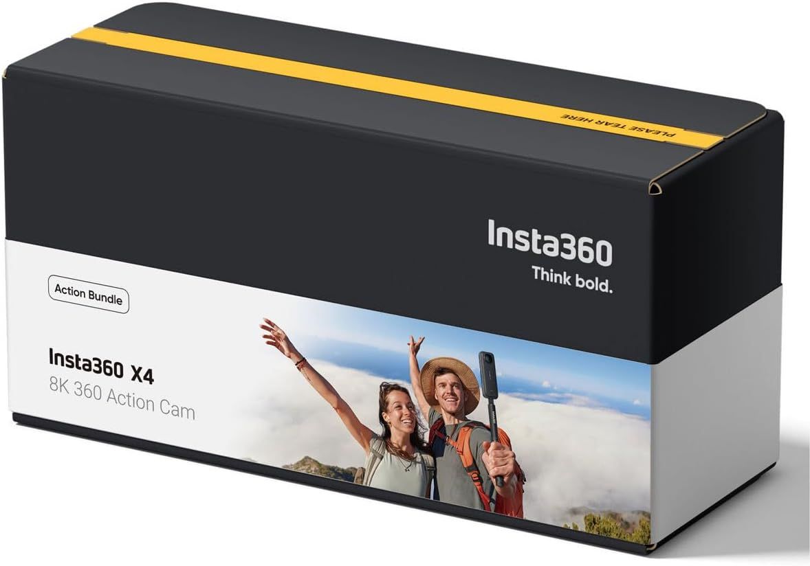 Showcases the Insta360 brand identity and product packaging for the X4 Action Bundle, reinforcing brand recognition and positioning the product as adventure-ready.