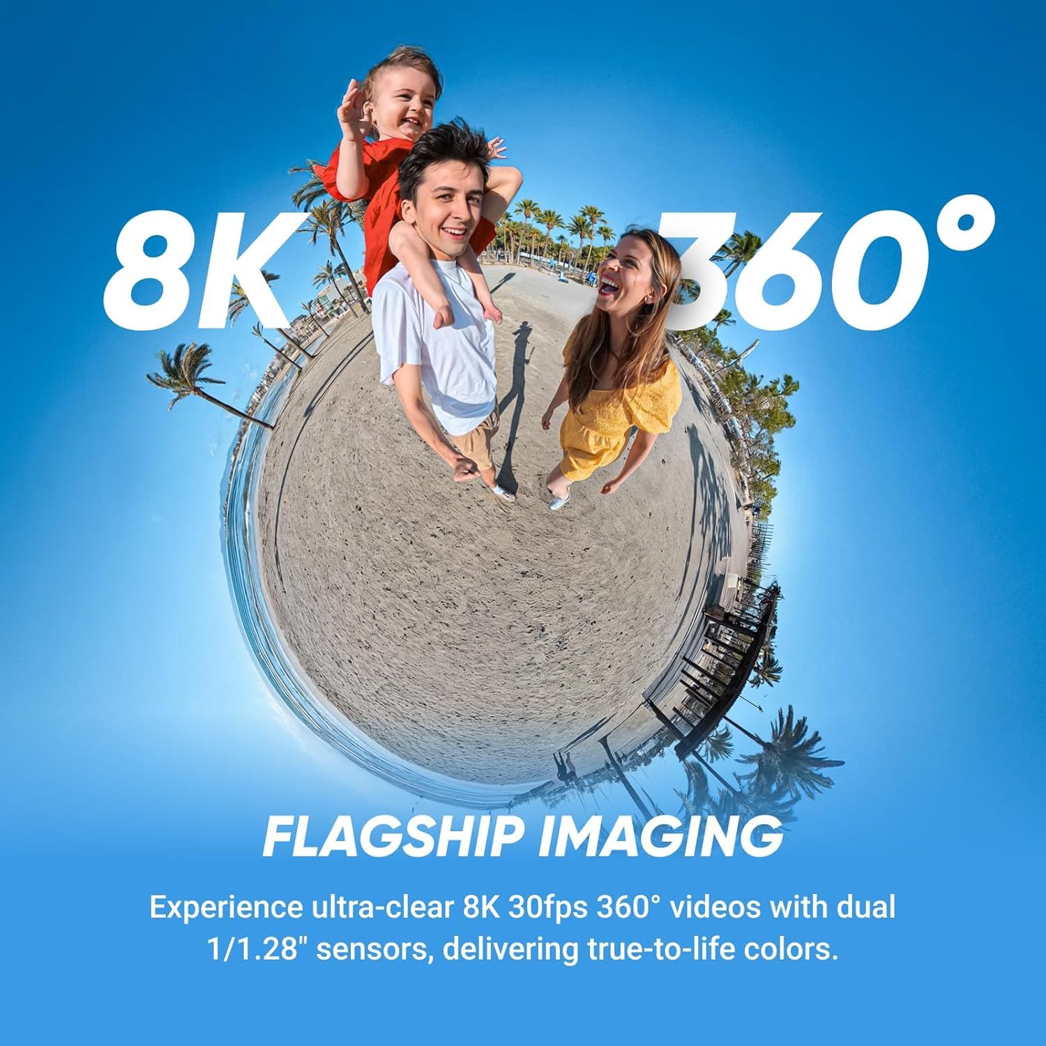 Highlights the camera's flagship imaging capabilities with quantifiable performance specs (8K, 360°, 30fps, dual sensors) to communicate superior video quality and immersive capture technology.…