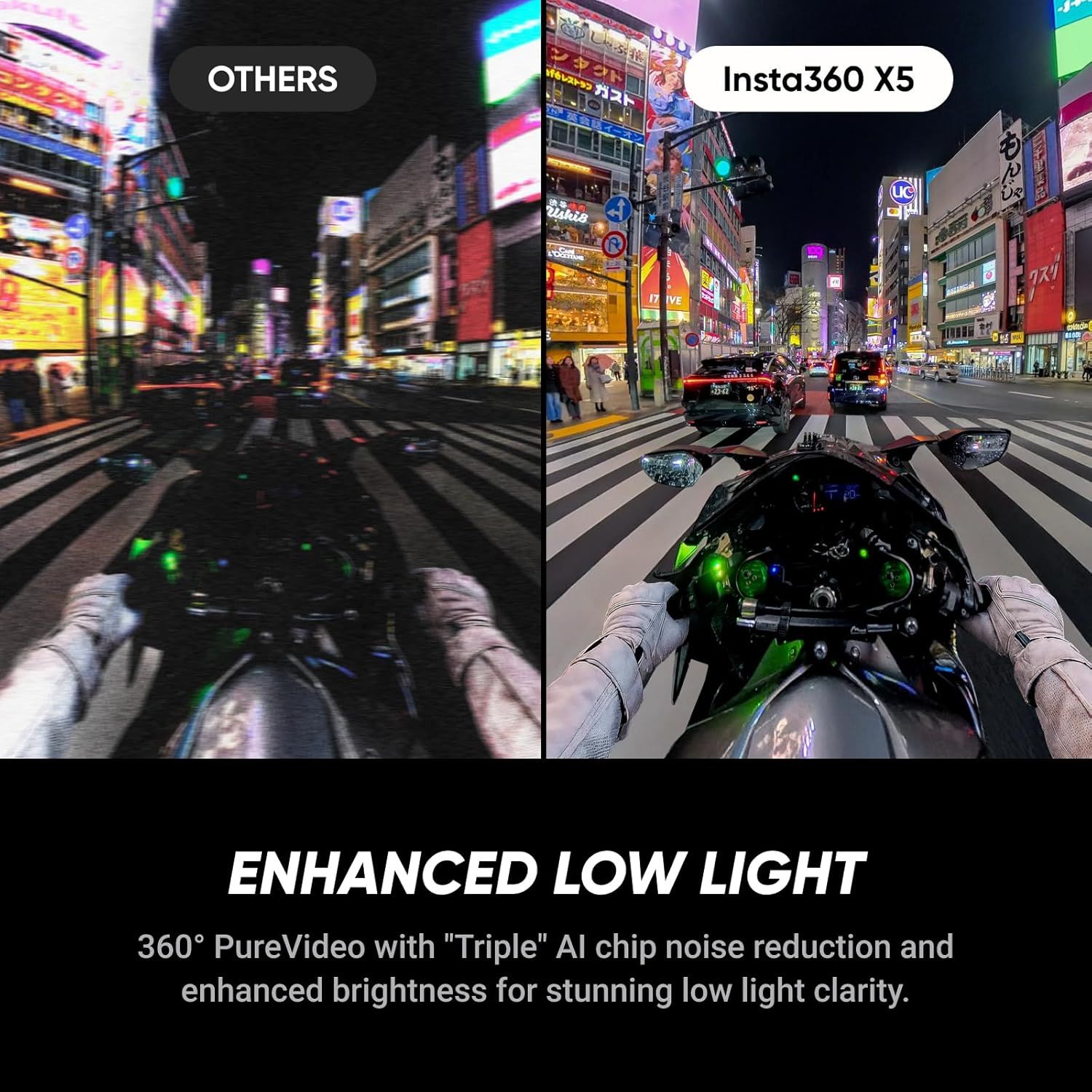 Demonstrates the Insta360 X5's superior low-light video quality compared to competing cameras, showing clearer, brighter footage in nighttime conditions to convince shoppers of its technical…