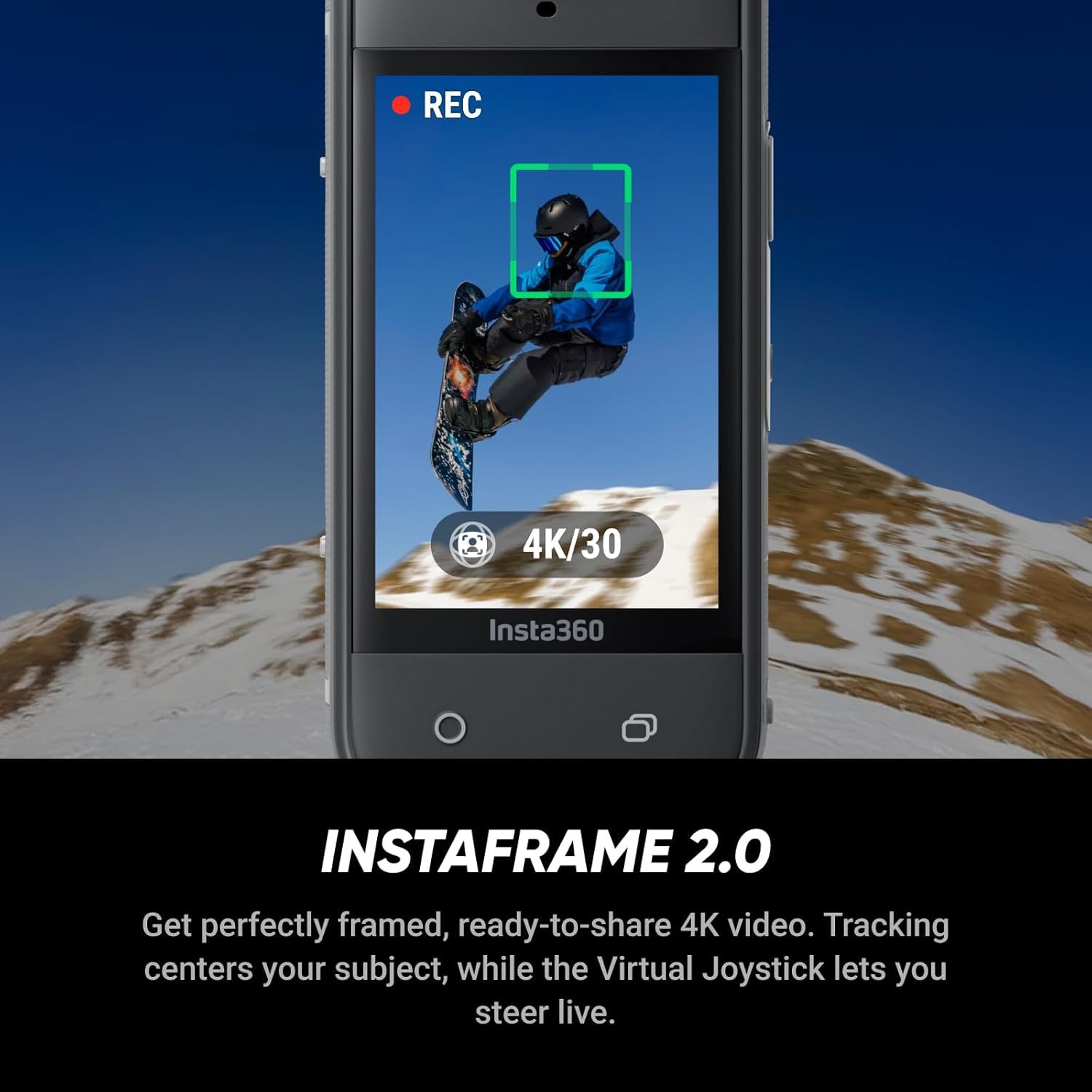 Demonstrates the product's InstaFrame 2.0 feature that automatically tracks and centers subjects while recording 4K video, reassuring shoppers that they can capture professional-quality action…