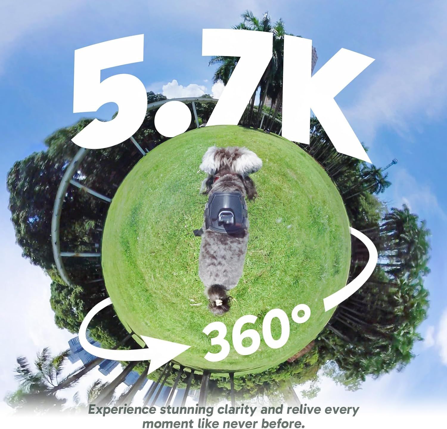 Highlights the camera's high-resolution 5.7K video capability and 360-degree capture feature to communicate superior image quality and immersive recording experience.