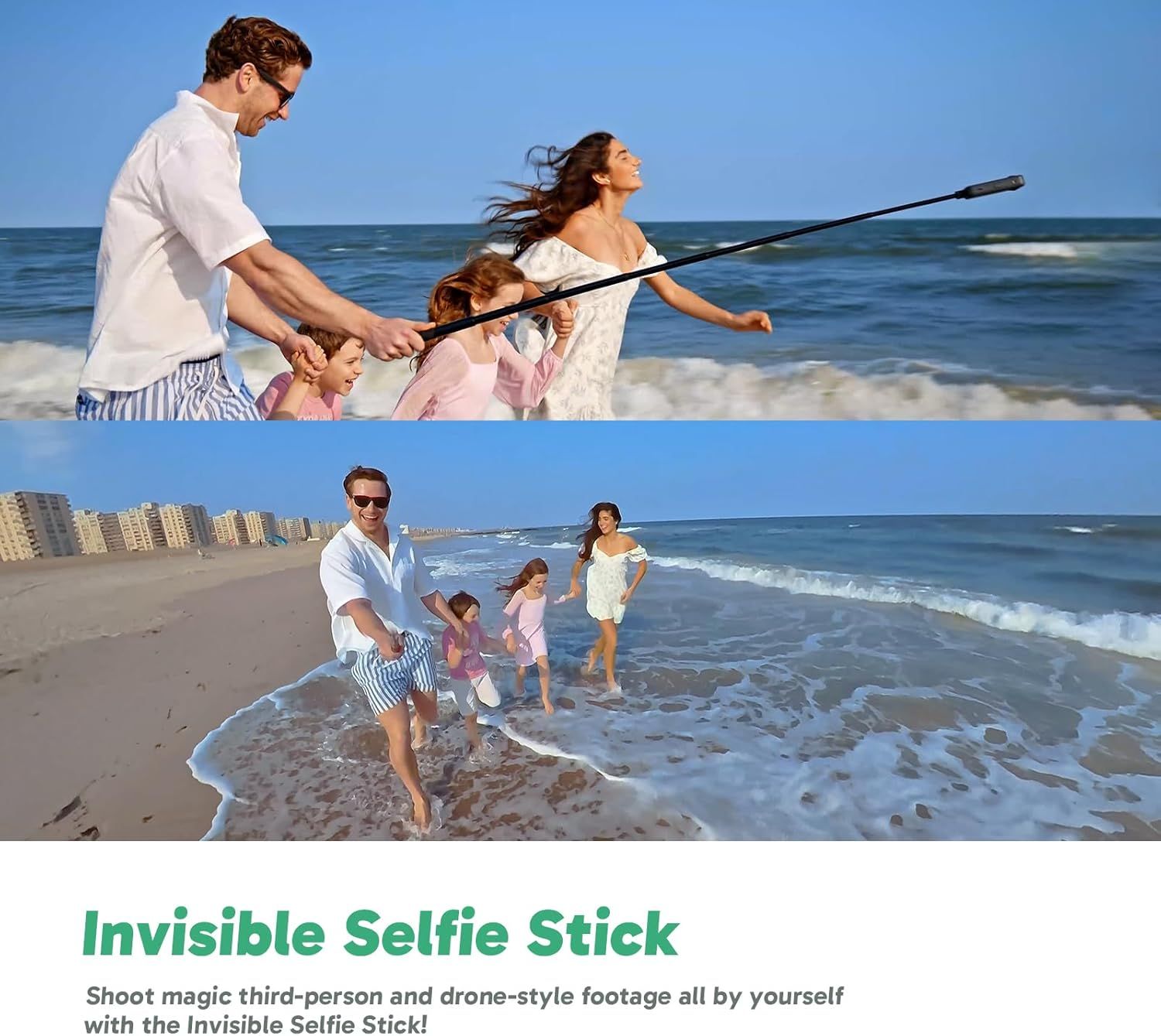 Demonstrates the product's ability to capture third-person and drone-style footage while remaining invisible in the shot, showing the benefit of professional-looking family photos without visible…