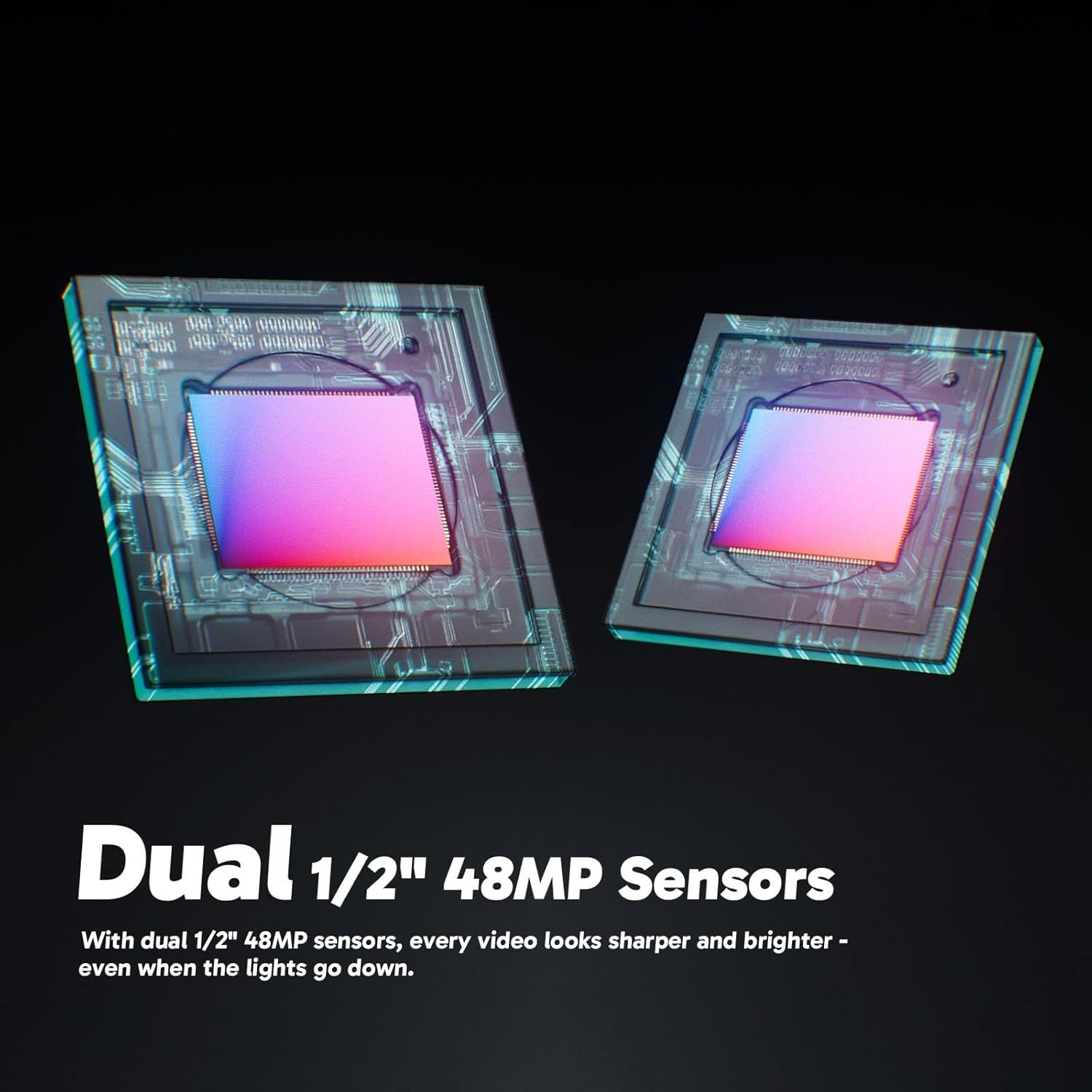 Highlights the camera's dual 48-megapixel sensor specification to communicate superior video quality and low-light performance, reassuring shoppers of professional-grade imaging capability.…
