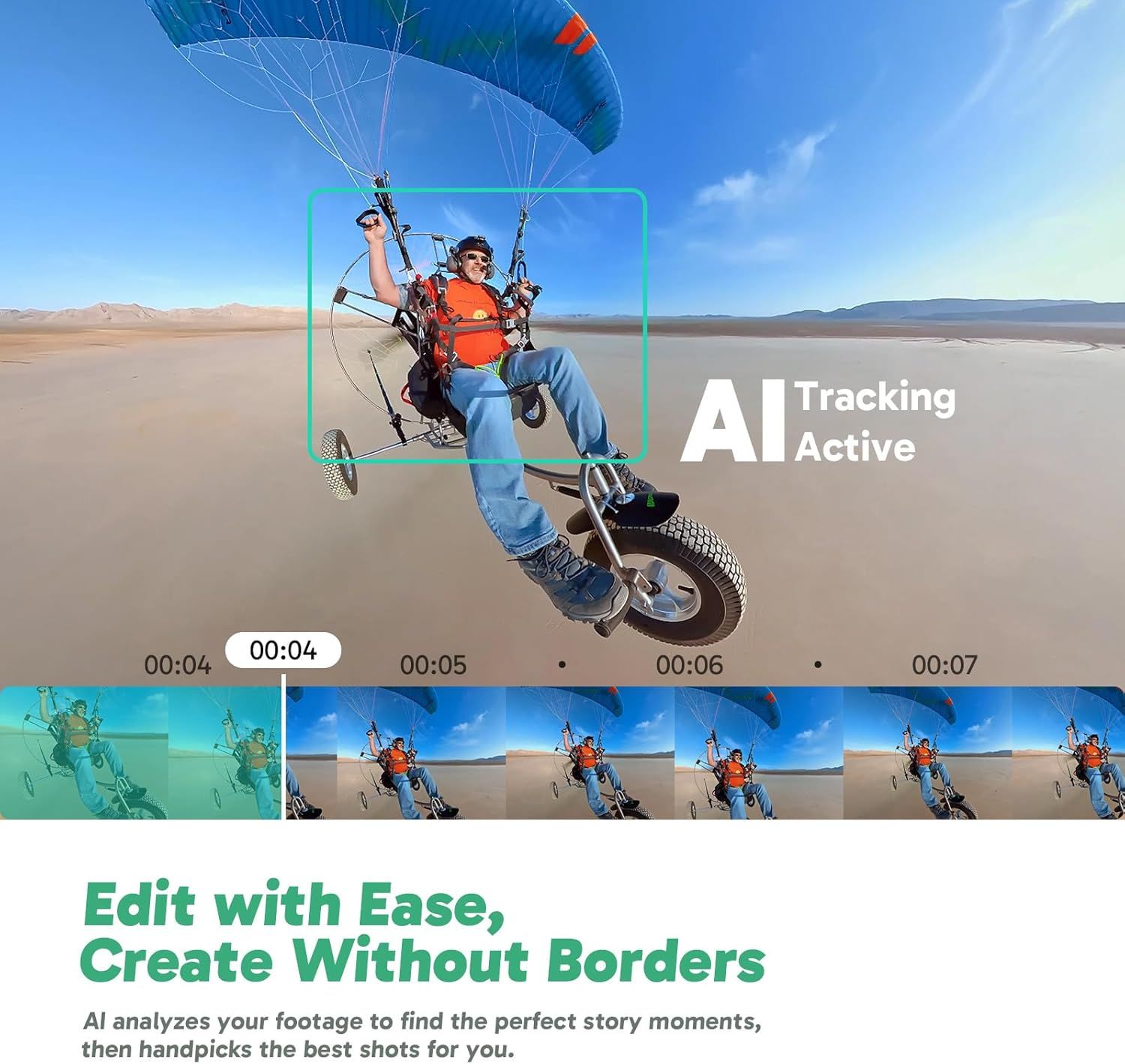 Communicates that the product uses AI technology to automatically track subjects and intelligently edit video footage, making video creation effortless for users.