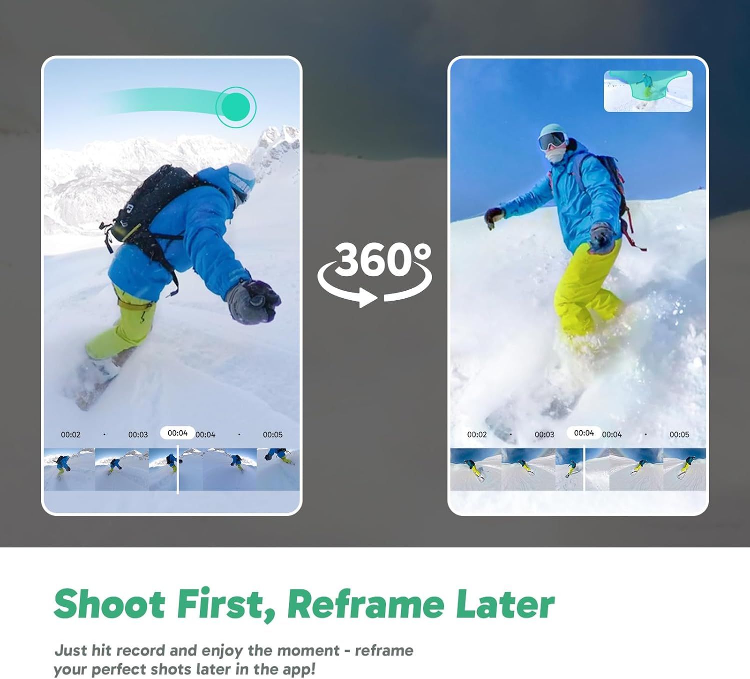 Demonstrates the product's ability to capture 360-degree video footage that can be reframed and edited after recording, allowing users to focus on the moment while shooting.