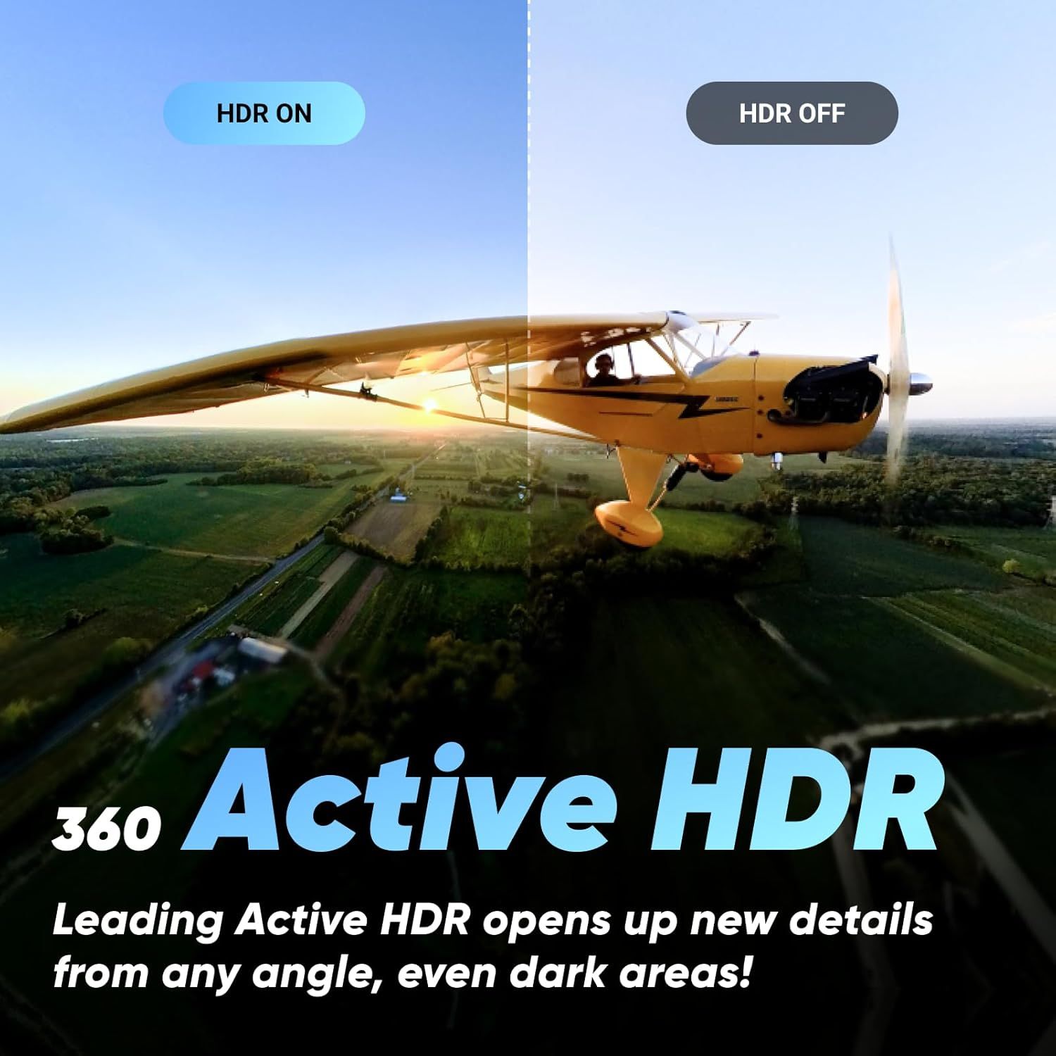 Demonstrates the visual quality improvement when HDR is enabled, showing enhanced detail and clarity in both bright and dark areas of the image. Highlights the camera's Active HDR feature that…