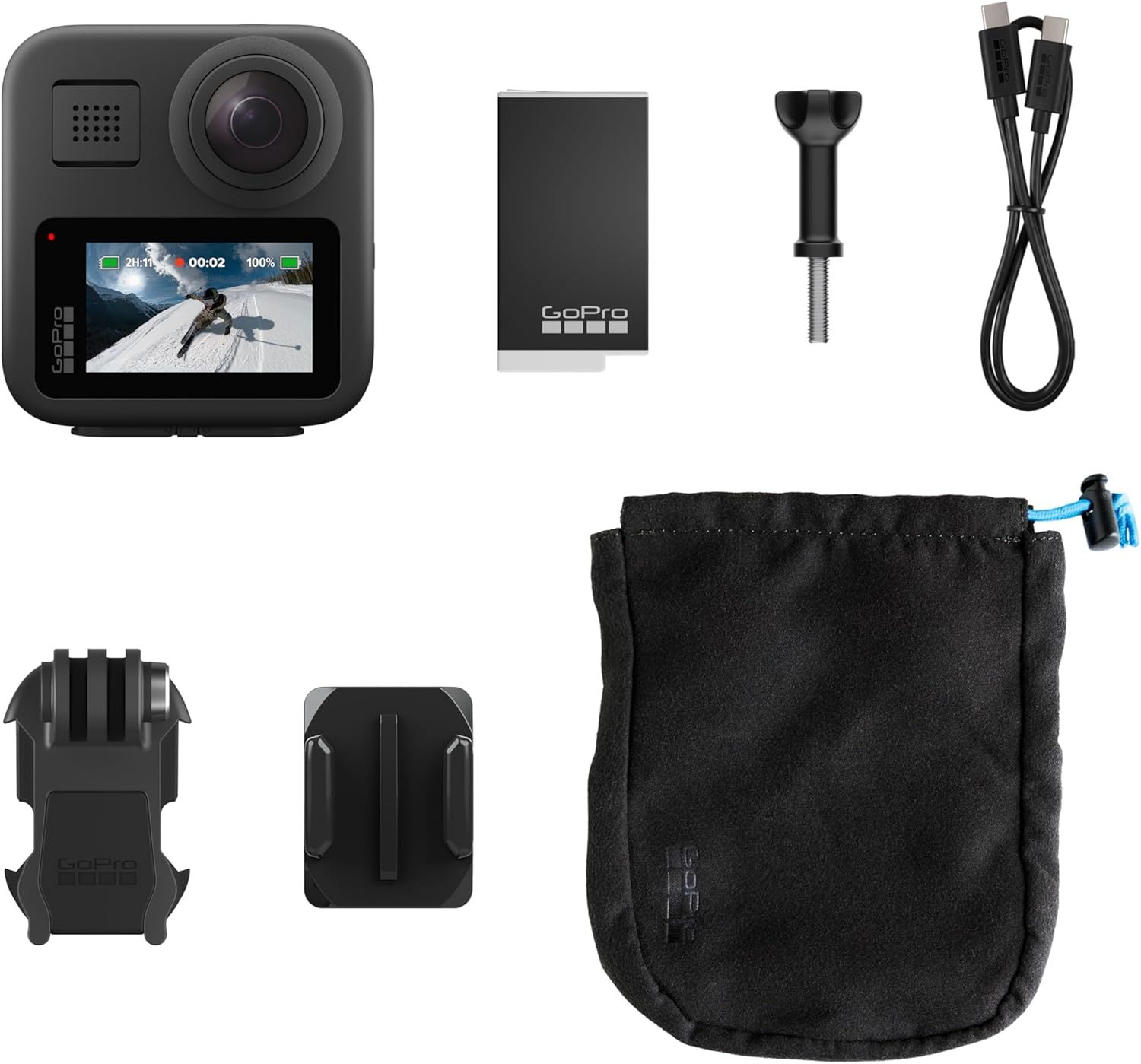 Shows all items included in the package (camera, battery, mounting accessories, charging cable, and carrying pouch) to help shoppers understand the complete value of their purchase.