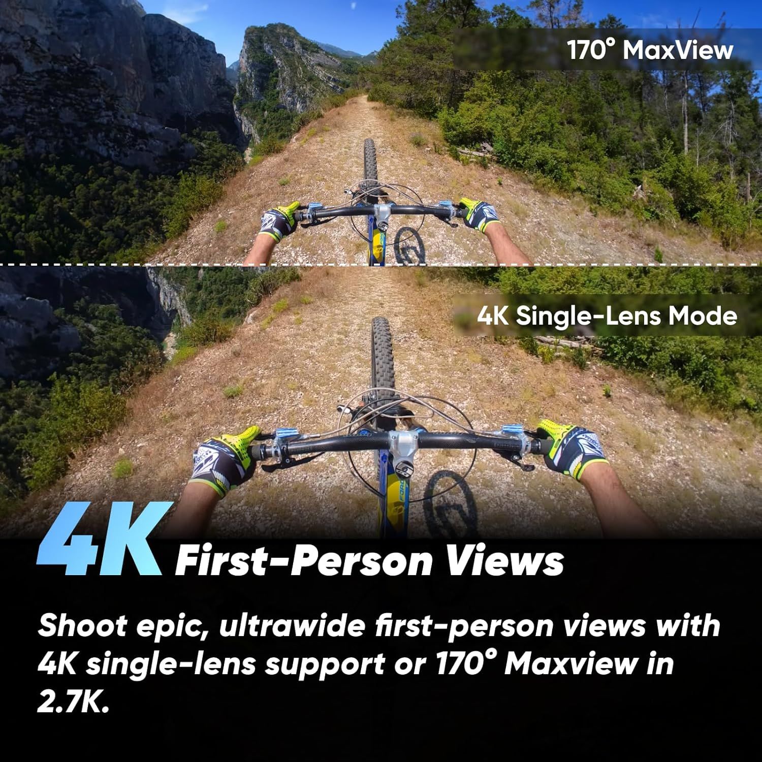 Demonstrates the camera's ability to capture immersive, ultrawide first-person perspectives in 4K quality, appealing to action sports enthusiasts and content creators who want epic POV footage.