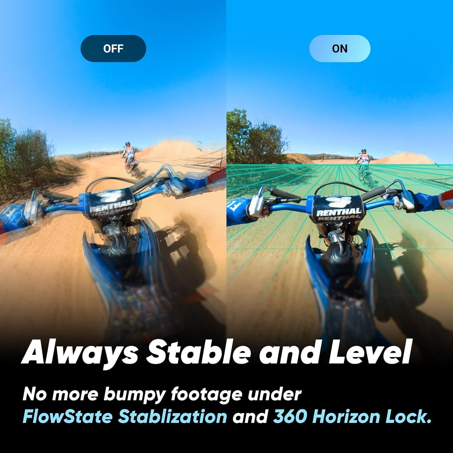 Demonstrates the product's superior video stabilization technology by showing a side-by-side comparison of footage with the feature OFF versus ON, proving the elimination of bumpy footage.…