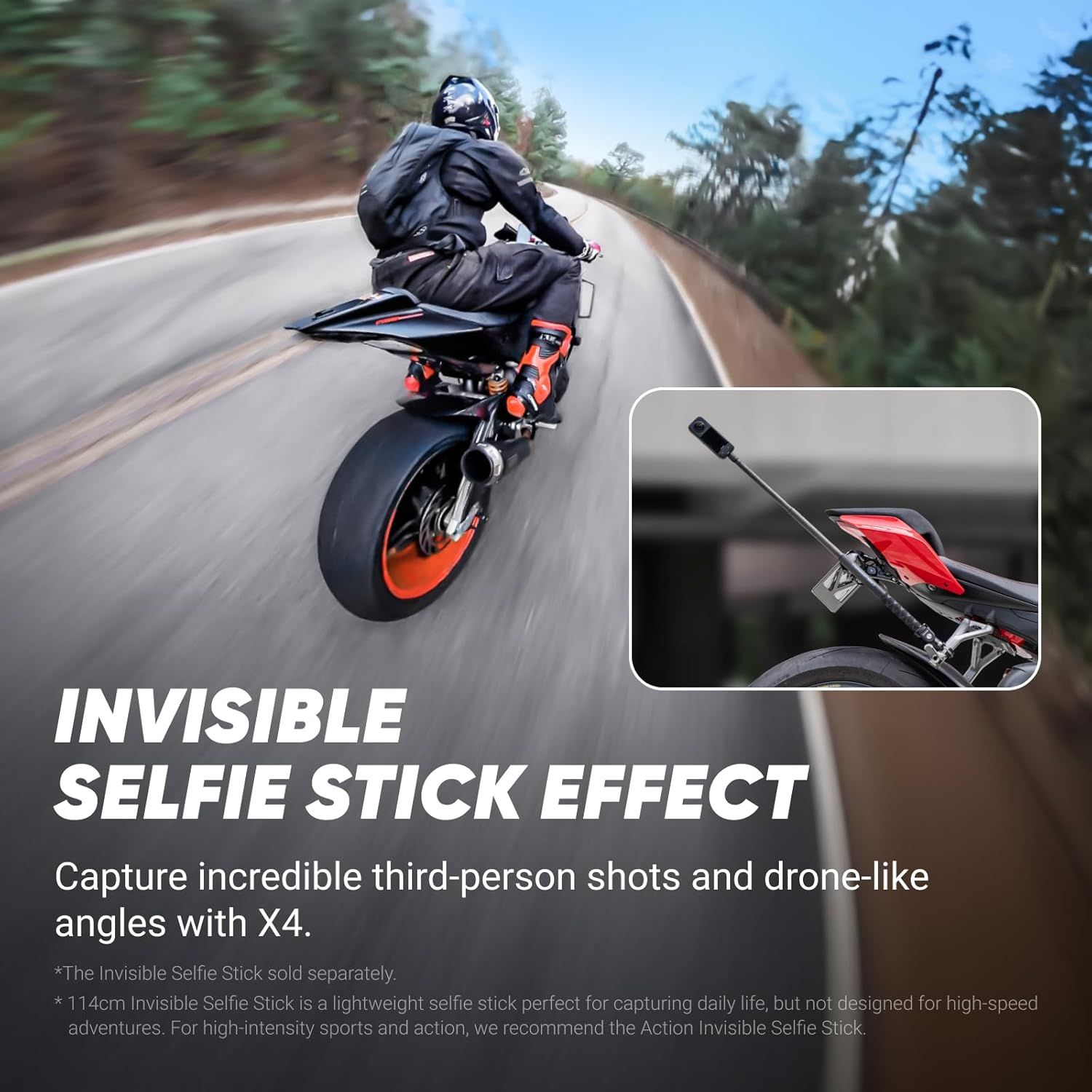 Demonstrates the product's ability to capture third-person and drone-like angles without the selfie stick being visible in the shot, appealing to action sports enthusiasts and content creators.