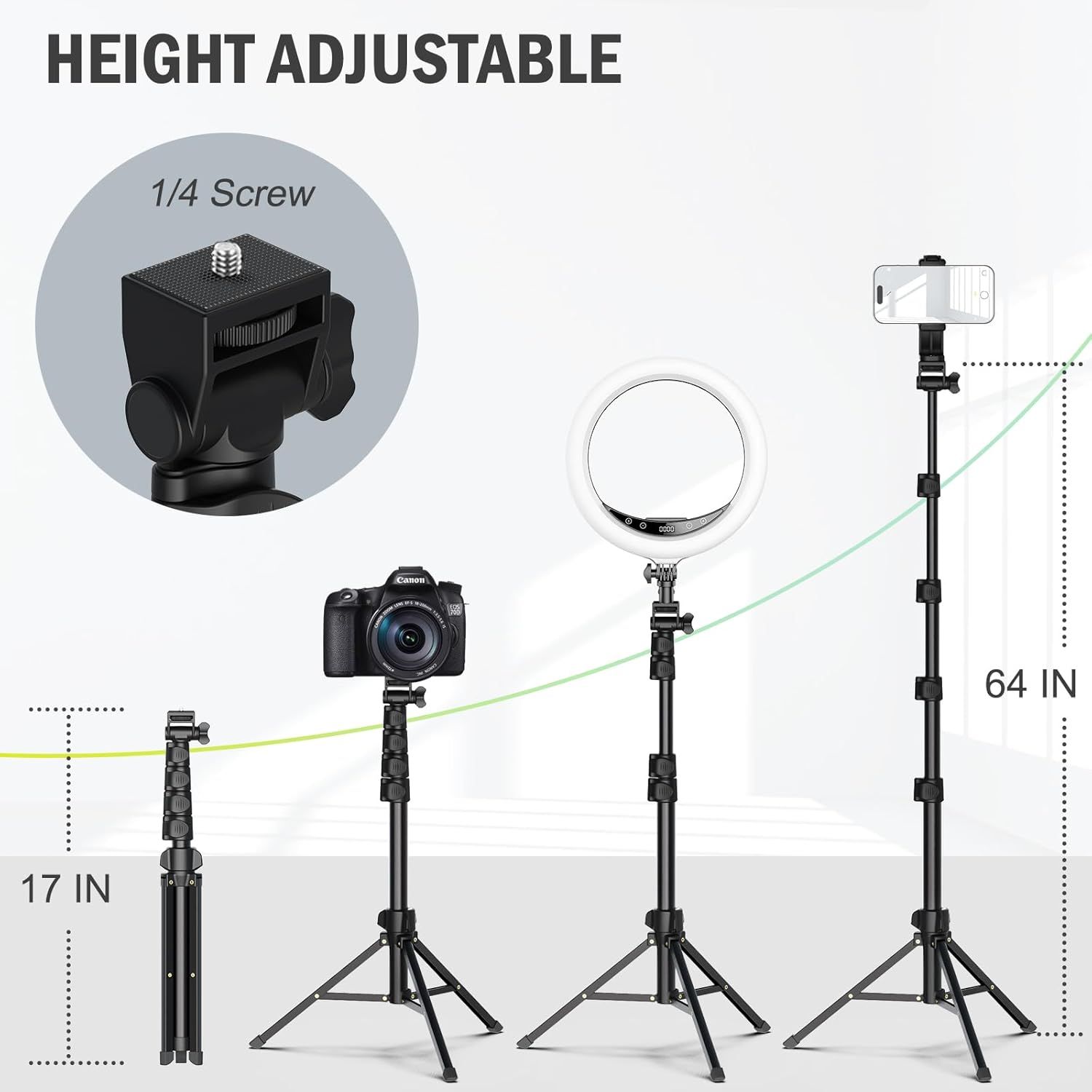 Demonstrates the adjustable height range of the tripod stand from 17 inches to 64 inches, showing its versatility for different shooting heights and device compatibility.