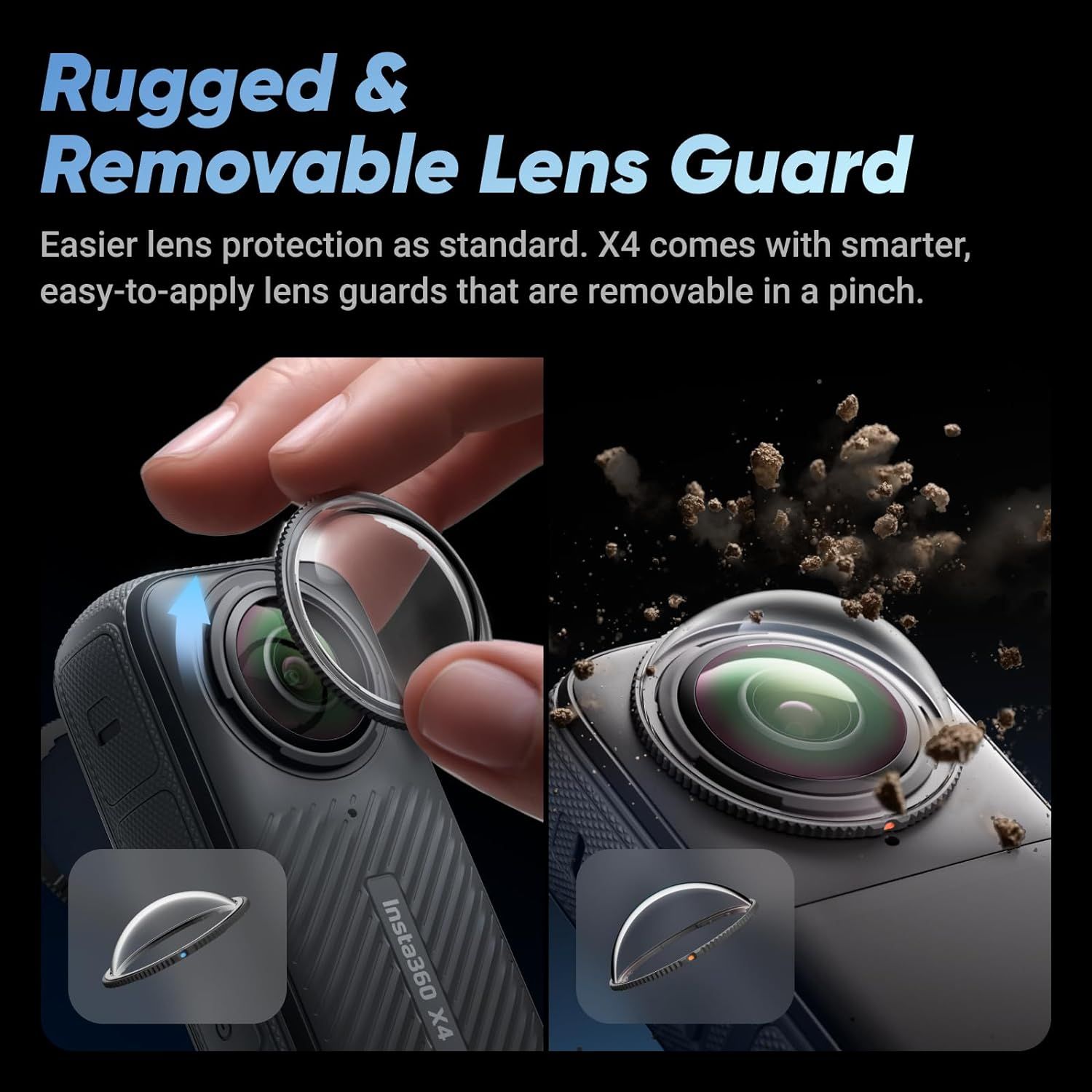 Demonstrates how the removable lens guard is easily applied and removed with a simple pinch gesture, reassuring shoppers that lens protection is convenient and user-friendly. Highlights the…