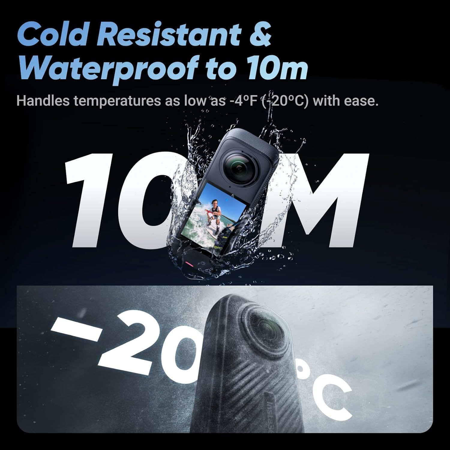 Communicates the product's dual durability features—extreme cold resistance and deep waterproofing—to reassure shoppers it can handle harsh outdoor and underwater conditions.