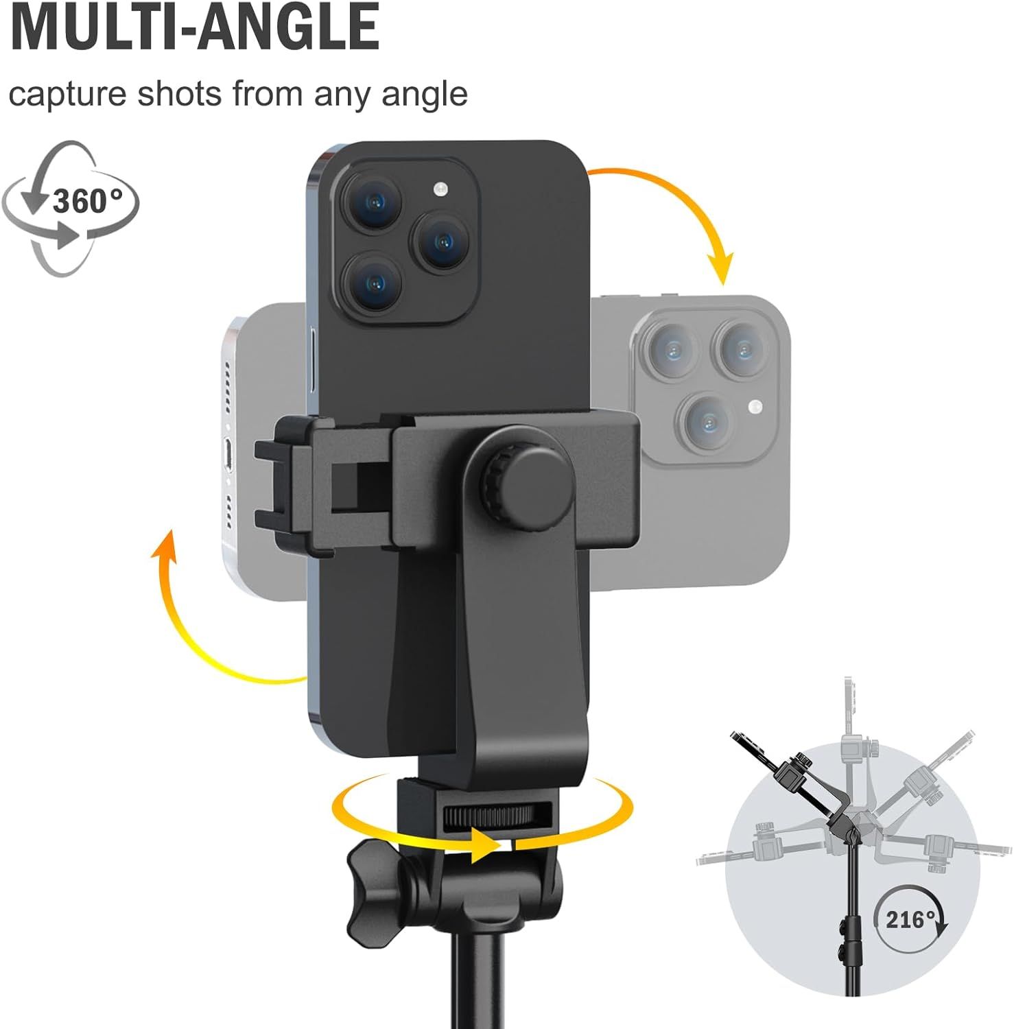 Demonstrates the phone mount's ability to rotate 360 degrees and capture shots from any angle, reassuring shoppers of its versatility and flexibility for photography and video recording.