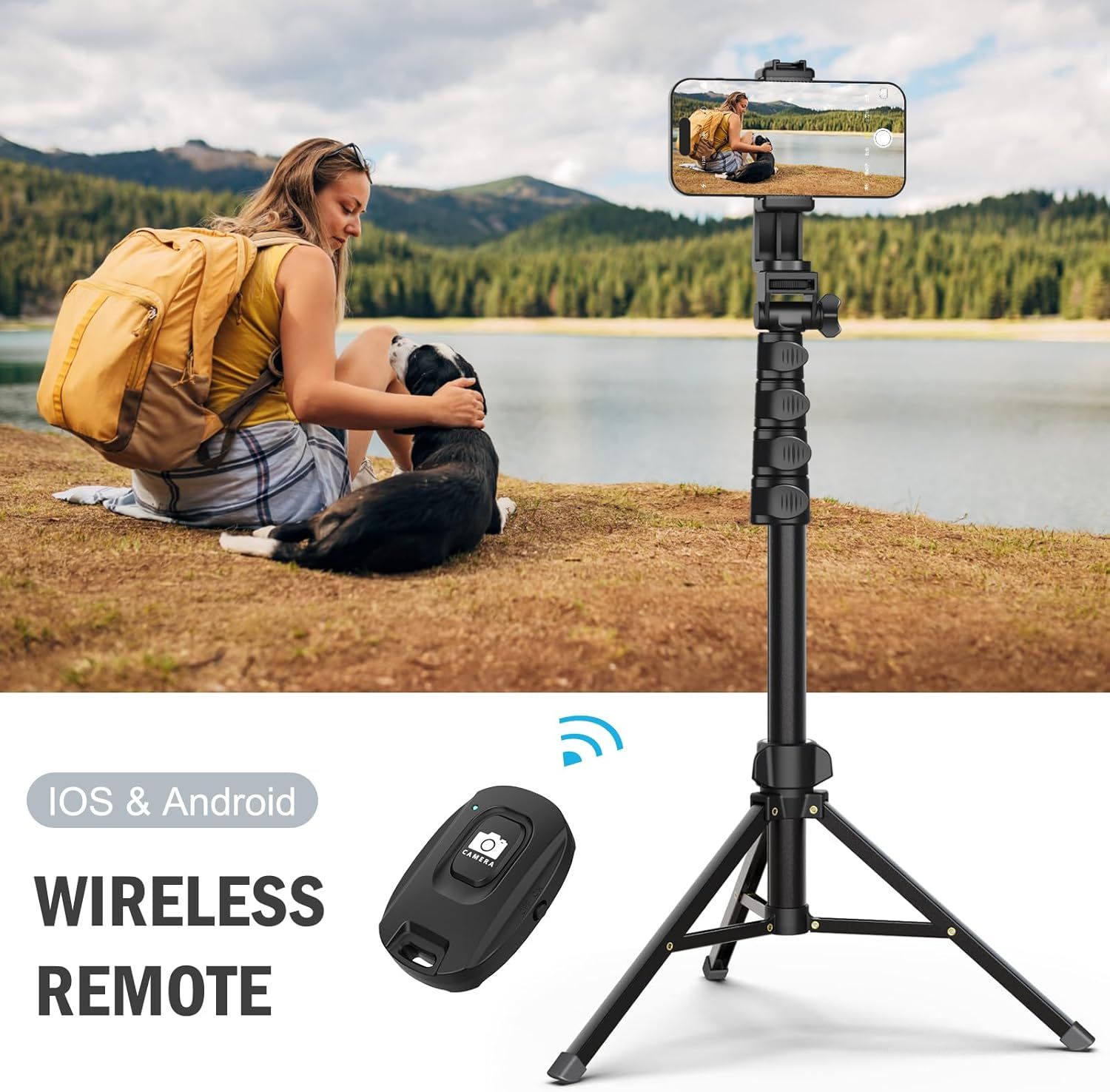 Demonstrates the wireless remote feature that allows users to take hands-free photos and videos from a distance, perfect for capturing outdoor moments with pets or solo adventures.