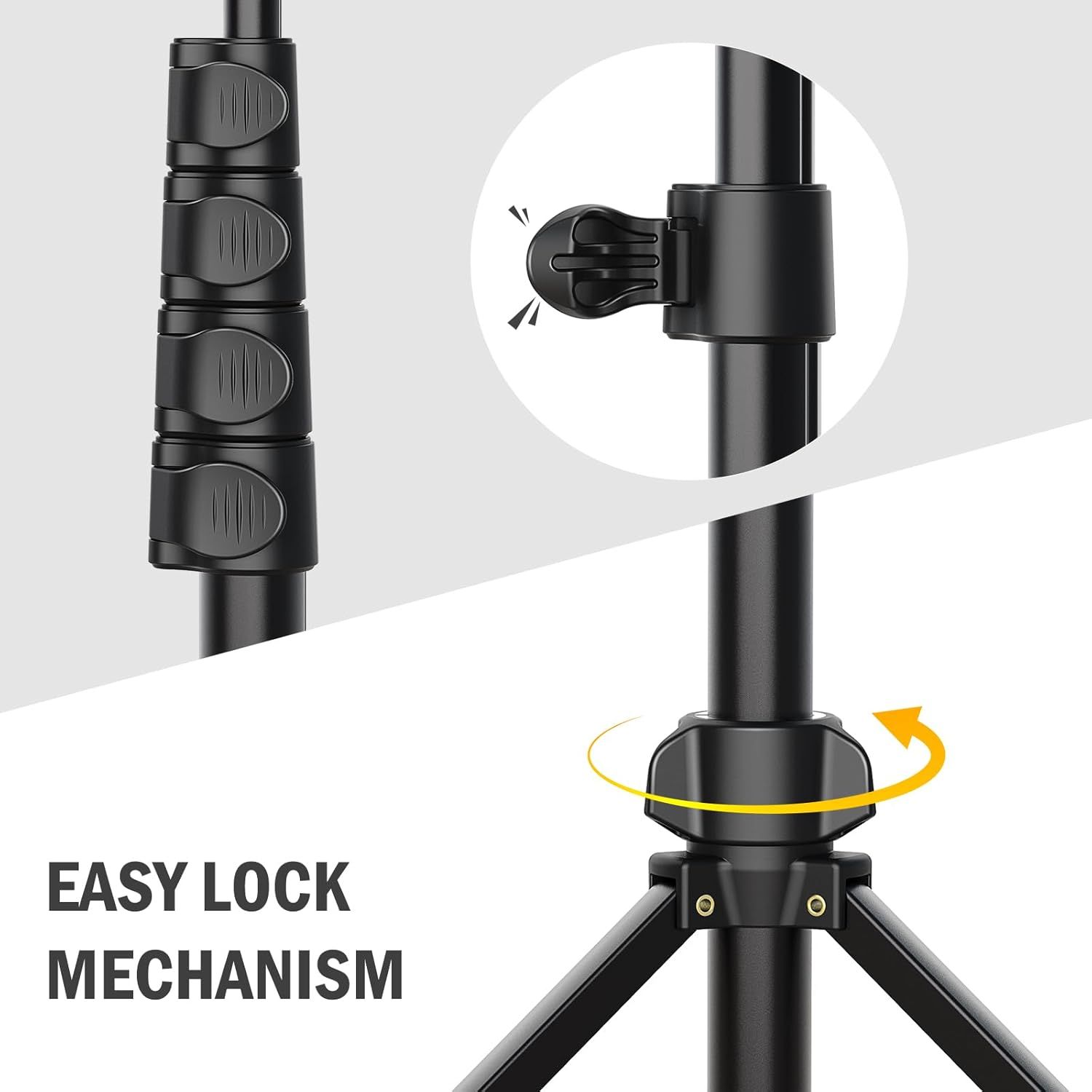 Highlights the product's easy-to-use locking mechanism and rotating base feature, showing shoppers how the tripod securely locks and adjusts for convenient setup. Communicates the key benefit of…