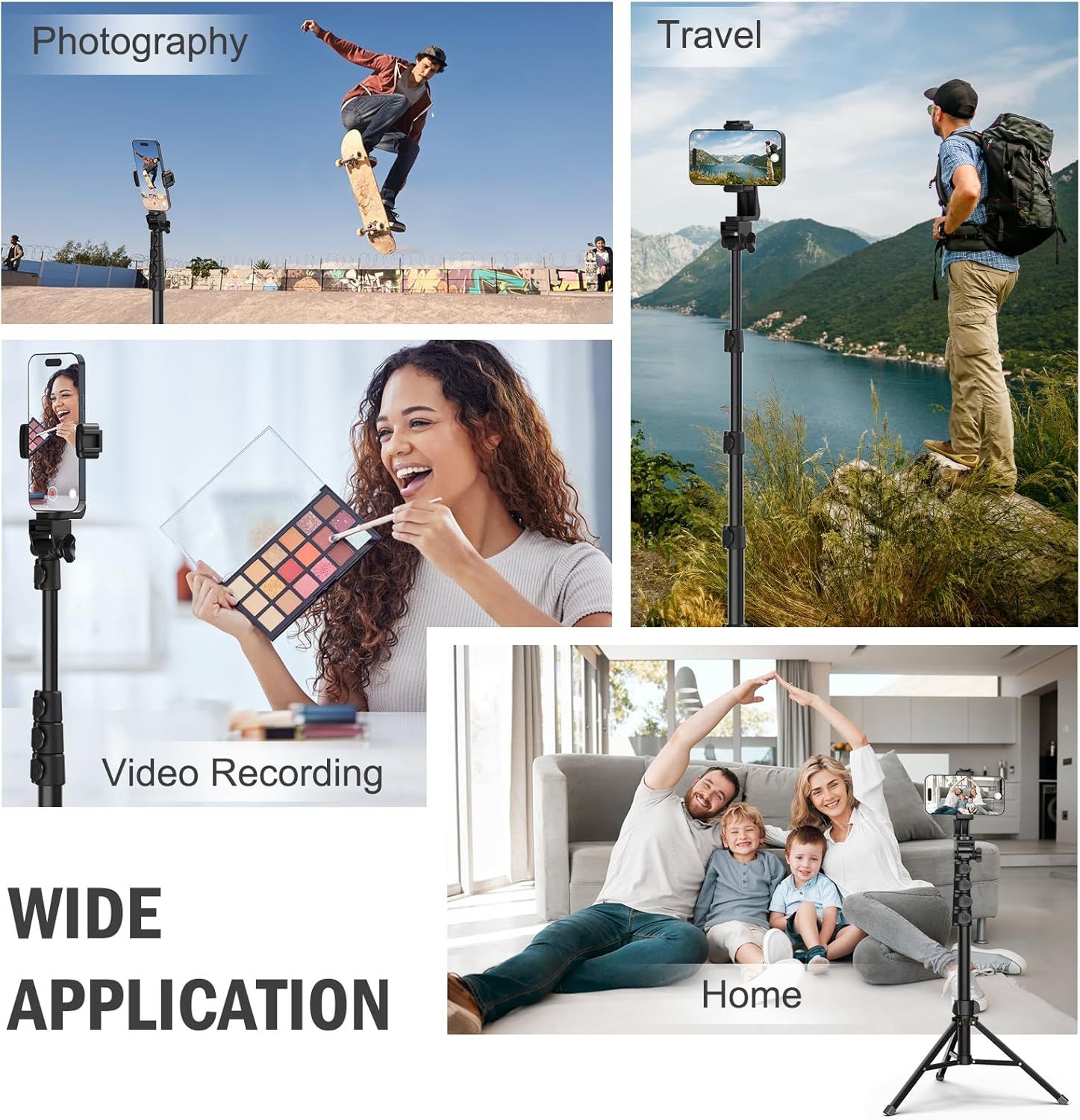 Demonstrates the product's versatility by showing multiple use cases across different environments and activities, reassuring shoppers that this selfie stick/tripod works for action photography,…