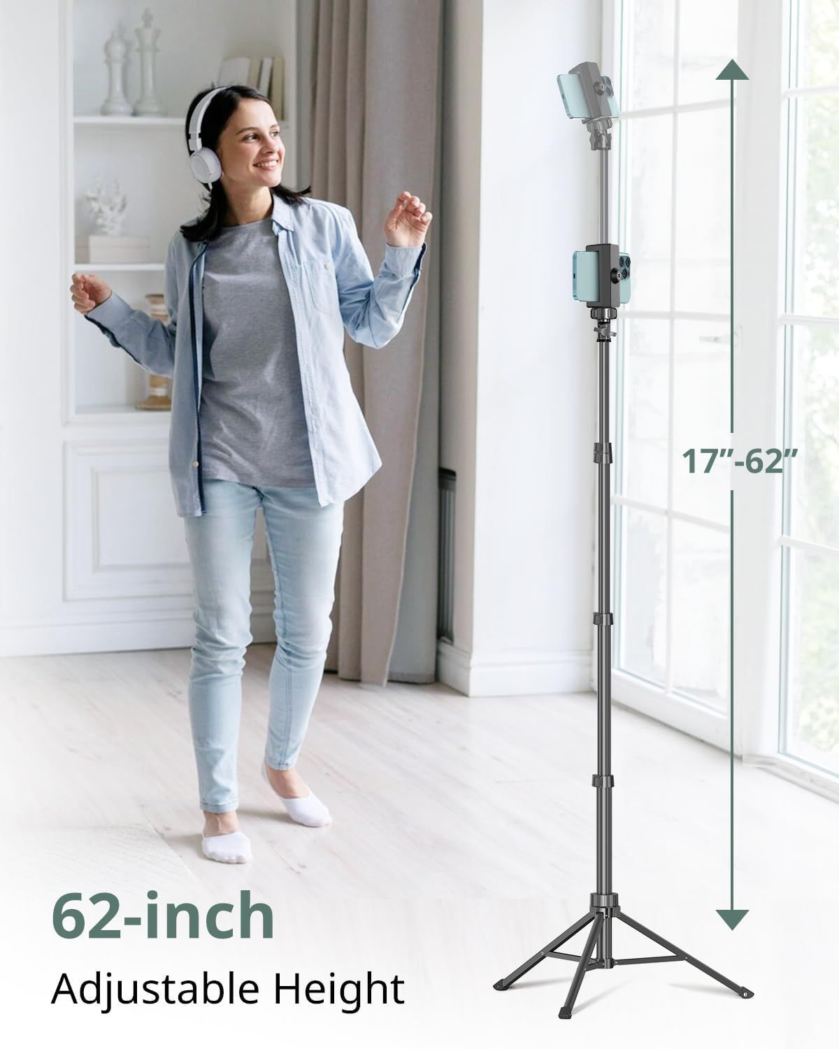Communicates the physical height adjustability of the product (17-62 inches) to help shoppers understand its size flexibility and suitability for different use cases.